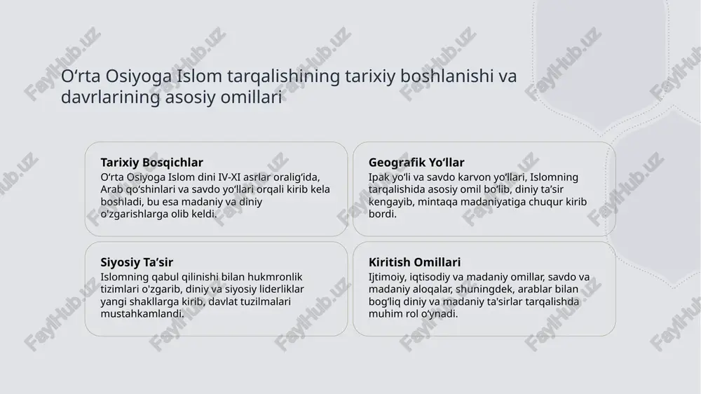 ar islom dini bilan bog'liq savdo yo'llaridagi siyosiy o'zgarishlar hukumatlar va hokimiyat tizimlarida yangi boshqaruv usullari va diniy qonunlarning joriy etilishiga sabab bo'ldi. bu esa, ijtimoiy barqarorlik va dinning ta'sir kuchini oshirdi. madaniy integratsiya savdo tarmoqlari orqali islom dini madaniyatga keng tarqaldi, yangi san'at, arxitektura va ilm-fan sohalarini rivojlantirdi. bu jarayon oʻrta osiyoda diniy va madaniy integratsiya bosqichlarini mustahkamladi. oʻrta osiyoda islomning tarixiy asoslari va yozilgan manbalar tarixiy manbalar oʻrta osiyoda islomning tarixiy asoslari asosan yozma manbalarga asoslangan bo'lib, ularning ko‘plari musulmon olimlari va tarixchilari tomonidan yozilgan. bu manbalar diniy, madaniy va siyosiy voqealarni chuqur yoritadi. ilk yozuvlar islomning oʻrta osiyoga kirib kelishi bilan bog‘liq yozilgan manbalar asosan 8-9 asrlarga taalluqlidir. bu yozuvlar diniy matnlar, tarixiy yozuvlar va arkeologik topilmalar orqali saqlangan. yozma meros oʻrta osiyoda yozilgan asosiy manbalar orasida hadislar, tarixiy yozuvlar va diniy hujjatlar mavjud. ular islomning mahalliy madaniyat va anʼanalar bilan uyg‘unlashishini ko‘rsatadi. islomning madaniy rivojlanishi va …