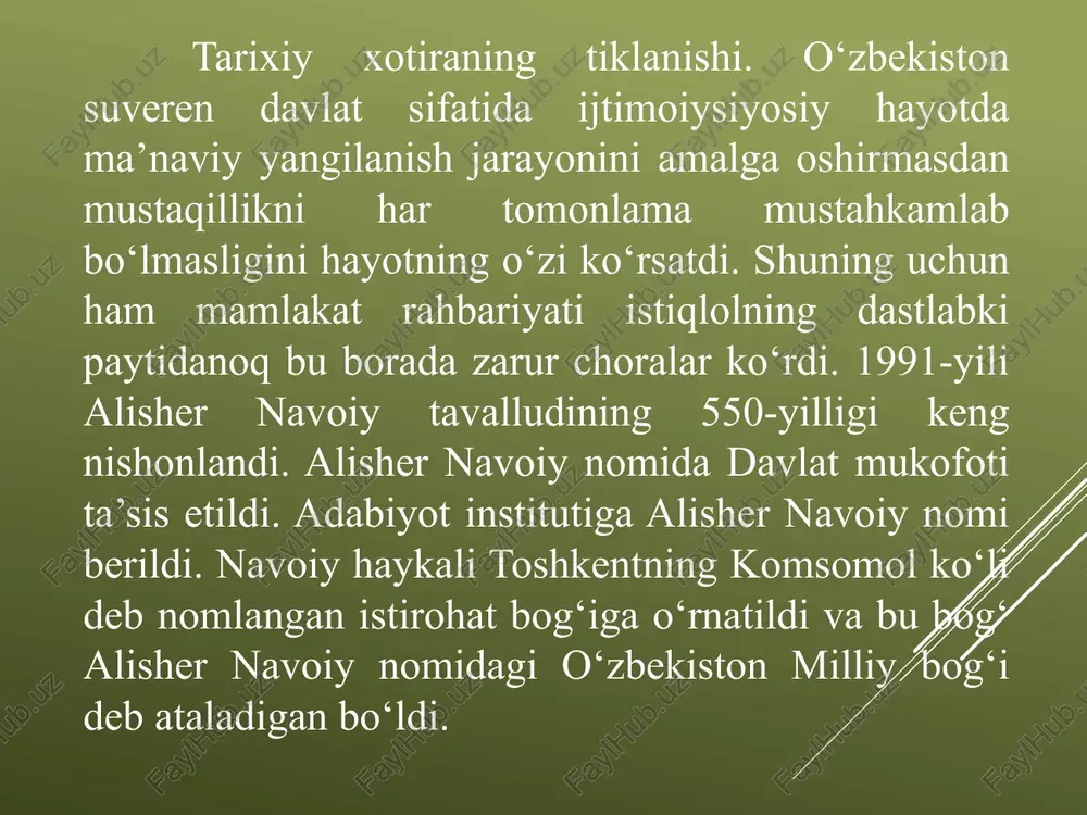 ir kengash raisi, hokimlar viloyat hududiy kengashlari raisi etib belgilandi. 1993-yilning sentabrida “turkiston” saroyi ish boshladi. 2009-yilda “o‘zbekiston” xalqaro forumlar saroyi, 2011-yilda simpoziumlar saroyi va alisher navoiy nomidagi o‘zbekiston milliy kutubxonasidan tashkil topgan ma’rifat markazi majmuasi, 2014-yilda farg‘ona viloyatida teatr-konsert saroyi kabi ma’naviyat maskanlari ochildi. o‘zbekiston respublikasi prezidentining “o‘zbekiston teatr san’atini rivojlantirish to‘g‘risida”gi (1998-yil) farmoniga muvofiq ma’naviy-ma’rifiy islohotlarda teatr arboblarining faol ishtirokini ta’minlash, milliy qadriyatlarni tarannum yetuvchi badiiy barkamol sahna asarlari yaratish kabi maqsadlarda “o‘zbekteatr” ijodiy-ishlab chiqarish birlashmasi tashkil etildi. 2017-yil faoliyati tanqidiy o‘rganilib, “o‘zbekteatr” birlashmasi tugatilib, uning funksiyalari madaniyat vazirligiga o‘tkazildi. musiqa va raqs san’ati. mustaqillik yillarida musiqa san’atida tub burilish asliga qaytish an’anaviy ohanglardan bahramandlik va ta’sirlanishda namoyon bo‘ldi. buning uchun, eng avvalo, xalqqa yaqinlashish, el orasida yurish, eng noyob xalq iste’dodlarini izlab topish zarur edi. shu maqsadda 1992-yili bir qancha ko‘rik-tanlovlar o‘tkazildi. jumladan, toshkent shahrida mart oyida milliy soz ijrochilarining “asrlarga tengdosh navolar”, aprel oyida mashhur san’atkorlar …