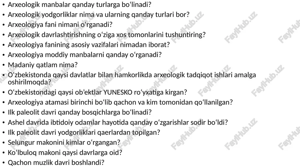 ni tashkil etgan. bunday turdagi odam 1938 yili a.p.okladnikov tomonidan teshiktosh g‘oridan topilgan. o’rta paleolit davri yodgorliklari. o‘rta paleolit davri yodgorligi o‘zbekistonda dastlab 1938 yilda teshiktoshda topilgan. hozirgi kunda esa o‘rta osiyo hududi bo‘yicha ularning soni 300 dan ortgan. ulardan 50 dan ortiq makon keng o‘rganilgan. lekin hozirgacha teshiktosh makoni o‘zining qadimiyligi va arxeologik materiallarga boyligi bilan ajralib turadi. muste bosqichi tosh davrining boshqa davrlariga nisbatan keng o‘rganilgan. bu davrga oid makonlarning tadqiq qilinishi o‘rta paleolit davri xo‘jalik madaniy hayotining barcha tomonlarini yoritdi. bu davr o‘.islomov, k.kraxmal, a.okladnikov, v.ranov, m.qosimov, r.sulaymonov, t.mirsoatov, n.toshkenboev, z.abramova va boshqalar tomonidan tadqiq qilingan. o‘zbekistonda keyingi davrlarda muste davriga oid ko‘plab makonlar topib tadqiq qilingan. faqatgina toshkent vohasining o‘zidan 30dan ortiq yodgorlik topilgan. lekin muste davrining ko‘pgina topilmalari tuproq qatlamlarida sochilma holda topilgan. chunki adir va tekisliklardagi manzilgohning keyingi davrlarda buzilib ketishi natijasida madaniy qatlamlar yo‘qolgan yoki tabiat ta’sirida yuvilib ketgan. moddiy buyumlar esa tuproq …