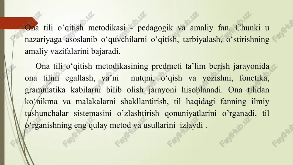 munasi bilan tanishtirsh , ularda tabiiy asarni idrok etish ko‘nikmasini xosil qilish. bu vazifalarning hammasini boshlang’ich sinflarda ona tili predmeti hal etadi va boshlangich sinflar ona tili dasturida aks etadi ona tili o’qitish tamoyillari. o‘quvchilarga ona tilini o‘rgatish, ularni tarbiyalash, har tomonlama o‘stirish vazifasidan kelib chiqib, bilish nazariyasiga asoslanib, barcha yaqin, o‘zaro bog’liq fanlar tavsiyalariga asoslanib ona tili o‘qitish metodikasi o‘z tamoyillarini ishlab chiqadi. bu tamoyillar umumdidaktik tamoyillardan tashqari tamoyillar bo‘lib, o‘qituvchi bilan o‘quvchi o‘rtasidagi o‘quv mehnatining yo’nalishlarini belgilab beradi. ona tili o‘qitish tamoyillari 5 ta: 1.til materiyasiga, nutq organlarining o‘sishiga, nutq malakalarining to‘g’ri rivojlanishiga e’tibor berish tamoyili. nutq, til qonuniyatlariga, oz bo‘lsa-da, e’tibor bermaslik amaliy nutq faoliyatini egallashga salbiy ta’sir ko‘rsatadi. masalan, fonetik ko‘nikmalarga yetarli e’tibor berilmasa imloviy savodxonlikka putur yetadi. bu ta’lim tamoyili tildan olib boriladigan mashg’ulotlarda eshituv va ko‘ruv ko’rsatmaliligini ta’minlashni va nutq organlarini mashqlantirishni (gapirib berish, ifodali o‘qishni ichida, gapirishni) talab etadi. 2.til ma’nolarini (leksik, grammatik, …