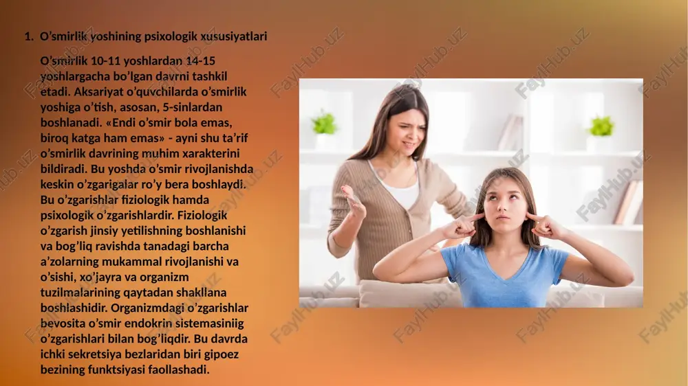 mir o’zida bo’layotgan o’zgarishlar, uni tashvishga solayotgan muammolar haqida kattalar bilan bo’lishishga katta ehtiyoj sezadi, lekin buni hech qachon birinchi bo’lib o’zi boshlamaydi. o’smir o’ziga nisbatan yosh bolalardek qilinadigan muomala-munosabatiga qattiq norozilik bildiradi. o’smirlar mo’loqoti nihoyatda o’zgaruvchanligi bilan xarakterlanadi. qayd etib o’tilgan yo’nalganlik, albatta, kattalarning ham muloqot va munosabatida mavjud, lekin ular kattalarnikidan o’z emotsionalligi bilan farqlanadi. tengdoshlari, shuningdek, sinfdoshlari guruxida o’smir o’zining kelishuvchanlik xususiyati bilan namoyon bo’ladi. o’smir o’z guruhiga bogliq va qaram bo’lgani holda shu guruhning umumiy fikriga qo’shilishiga va uning qarorini doimo bajarishga tayyor bo’ladi. guruh ko’pincha o’smirda «biz» hissining shakllanishiga yordam beradi va uning ichki holatini mustahkamlaydi. o’smir yoshidagi bola uchun do’st tanlash juda katta ahamiyatga ega. o’smirlik davrida do’st juda qadrli hisoblanadi. do’stlar doimiy ravishda ruhan qalban yaqin bo’lishga ehtiyoj sezadilar. bu ehtiyoj o’smir do’stlarning hol-ahvol so’rashishi va ko’rishishlarida (qo’l berib, quchoq ochib ko’rishish) birga o’tirish va birga yurishga harakat qilishlarida ko’rinadi. 4. o’smirlik davrida …