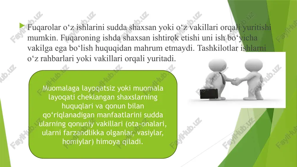 k qiluvchining arz qilingan talablardan to‘liq yoki qisman voz kechish, ularning asosini yoki predmetini o‘zgartirish, miqdorini ko‘paytirish yoki kamaytirish, da’vogarning talablarini tan olish, kelishuv bitimi, mediatsiya tartib-taomilini amalga oshirish to‘g‘risidagi kelishuv yoki mediativ kelishuv tuzish, vakolatlarni boshqa shaxsga o‘tkazish (boshqa shaxsga ishonib topshirish), sud hujjati ustidan shikoyat qilish, arizalarni imzolash, ijro varaqasini undiruvga taqdim etish, undirilgan mol-mulkni yoki pullarni olish vakolati har bir alohida holda vakolat beruvchi tomonidan berilgan ishonchnomada maxsus ko‘rsatilgan bo‘lishi kerak. sudda vakillik qilishi mumkin bo‘lmagan shaxslar ) voyaga yetmagan shaxslar, bundan qonunchilikda belgilangan hollar mustasno; 2) vasiylik va homiylik belgilangan shaxslar; 3) sudyalar, prokurorlar, surishtiruvchilar, tergovchilar, sud devoni xodimlari, bundan ular qonuniy vakil (ota-onalar, farzandlikka olganlar, vasiylar, homiylar) sifatida, shuningdek tegishli sud, prokuratura, surishtiruv va tergov organlarining vakili sifatida qatnashgan hollar mustasno; 4) manfaatlari vakolat beruvchining manfaatlariga zid bo‘lgan shaxslarga huquqiy yordam ko‘rsatayotgan yoki ilgari yordam ko‘rsatgan shaxslar; 4prim1) shu nizo bilan bog‘liq mediatsiya tartib-taomilini amalga …