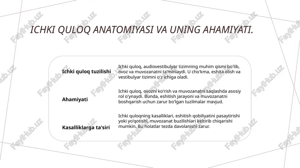 uchta asosiy bo'limdan: vestibular apparat, cochlea va semicircular kanallardan iborat. 2 funksiyalari - ichki quloq ovozni qabul qilish va muvozanatni saqlashda muhim rol o'ynaydi. cochlea ovoz to'lqinlarini elektr signallarga aylantiradi, vestibular apparat esa muvozanatni ta'minlaydi. 3 ahamiyati - ichki quloqning sog'lig'i insonning kundalik hayoti uchun juda muhimdir. kasalliklar ko'pincha eshitish va muvozanatdagi muammolarga olib keladi. ichki quloq histologiyasi: tahlil va o'rganish metodlari. 1 ichki quloq struktura - ichki quloq, audiovestibulyar tizimning muhim qismi bo'lib, to'liq eshitish va muvozanatni ta'minlaydi. uning tarkibiga cochlea, vestibul va yarim aylana kanallari kiradi. 2 histologik tahlil - ichki quloqning histologik tahlili, uning hujayralari va to'qimalarining tuzilishini o'rganish orqali kasalliklarni aniqlashda muhim ahamiyatga ega. mikroskopik kuzatishlar orqali o'zgarishlar aniqlanadi. 3 o'rganish metodlari - histologik o'rganish metodlari orasida immunohistokimyoviy, elektron mikroskopiya va sitomorfologiya mavjud. bu metodlar ichki quloq kasalliklarini aniqlashda samarali qo'llaniladi. ichki quloq kasalliklari: belgilari va davolash usullari. ichki quloq kasalliklari ichki quloq kasalliklari, asosan, infektsiyalar, …