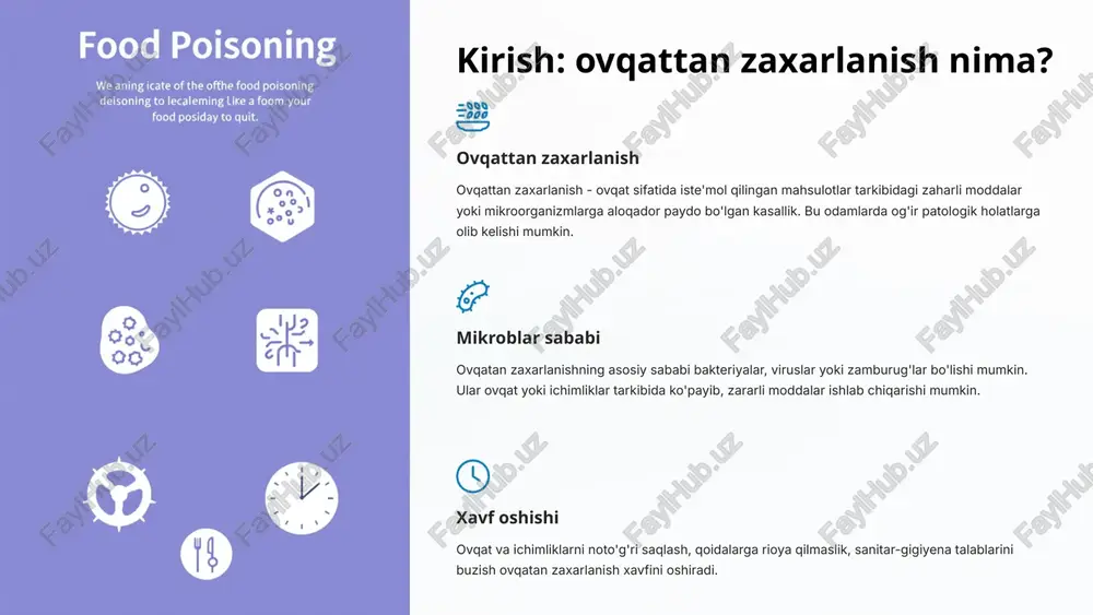 eriyalar o'sishi va tarqalishi mumkin. 7 botulizm kasalligining tarqalish yo'llari 1 oziq-ovqat orqali zaharlanish asosan konservalar, do'lma, baliq va go'sht mahsulotlari tufayli yuzaga keladi. 2 jarohatlanish orqali botulizm sporalari jarohat yuzasida ko'payishi orqali kasallik tarqalishi mumkin. 3 havo orqali tarqalishi botulizm spotalari chang, chang'i yoki havo orqali kirib ketishi mumkin. botulizm kasalligi asosan oziq-ovqat, jarohatlanish va havo orqali inson tanasiga kirib keladi. oziq-ovqatlanish - kasallikning eng ko'p uchraydigan yo'li hisoblanadi. ko'pincha konservalar, do'lma, baliq va go'sht mahsulotlari orqali zaxarlanish kuzatiladi. jarohatlanish yuzasida botulizm sporalari ko'payishi natijasida ham kasallik yuqishi mumkin. shuningdek, havo orqali sporalarga ham yoyilishi mumkin. 8 botulizm kasalligida asab tizimiga ta'sir botulizm kasalligi asab tizimiga jiddiy ta'sir ko'rsatadi. kasallik qo'zg'atuvchisi - botulizm toksinlari - sinapslar bo'ylab tarqalib, miya, orqa miya va periferik asab tizimiga zarar yetkazadi. bu esa muskullarning faoliyati va asosiy vital funksiyalar (yurak-qon tomirlari, nafas olish, yutish, ko'rish)ning buzilishiga olib keladi. kasallikning dastlabki belgilari orasida ko'z …