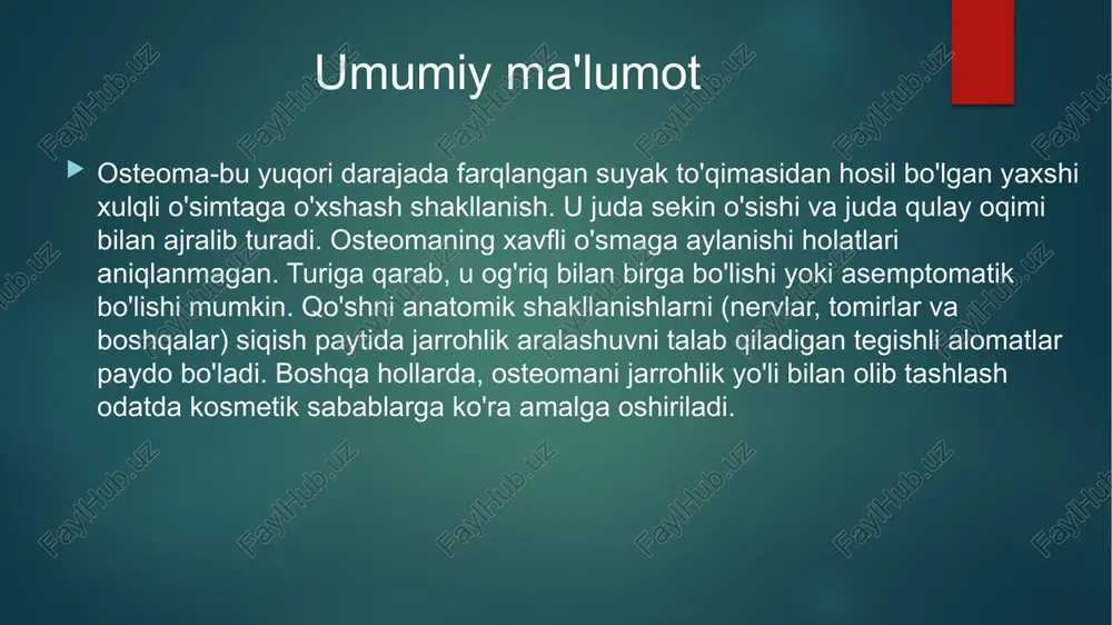 i. osteoma osteoma. alomatlari osteoma klinikasi uning joylashgan joyiga bog'liq. osteoma bosh suyagi suyaklarining tashqi tomonida joylashgan bo'lsa, u og'riqsiz, harakatsiz, silliq yuzaga ega juda zich shakllanishdir. bosh suyagi suyaklarining ichki qismida joylashgan osteoma xotira buzilishi, bosh og'rig'i, intrakranial bosimning oshishiga olib kelishi va hatto epileptik tutilishlarning rivojlanishiga sabab bo'lishi mumkin. va "turk egarida" lokalizatsiya qilingan osteoma gormonal kasalliklarning rivojlanishiga olib kelishi mumkin. uzoq naychali suyaklarning osteomalari odatda asemptomatik bo'lib, gardner kasalligiga shubha qilinganida aniqlanadi yoki rentgenologik tekshiruvlar paytida tasodifiy topilmaga aylanadi. osteoma paranasal sinus hududida joylashgan osteomalar turli xil ko'z belgilarini keltirib chiqarishi mumkin: ptozis (ko'z qovog'ining tushishi), anizokoriya (o'quvchilarning har xil kattaligi), diplopiya (ikki tomonlama ko'rish), ekzoftalmos (ko'z olmasining bo'rtib chiqishi), ko'rishning pasayishi va boshqalar diagnostika osteoma tashxisi qo'shimcha tadqiqotlar asosida amalga oshiriladi. dastlabki bosqichda rentgenografiya o'tkaziladi. biroq, bunday tadqiqot osteomalarning kichik o'lchamlari va ularning joylashish xususiyatlari (masalan, bosh suyagi suyaklarining ichki yuzasida) tufayli har doim ham samarali …
