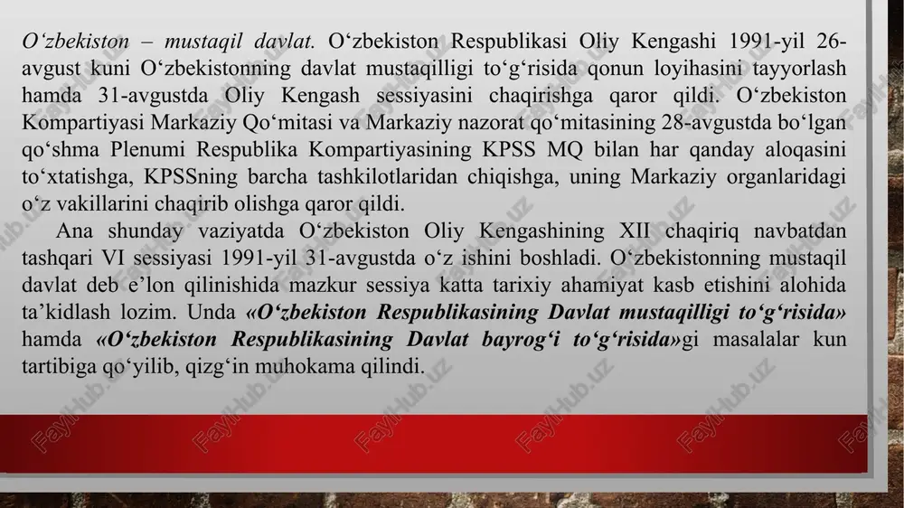 to‘g‘risidagi masala bo‘yicha o‘zbekiston respublikasining referendumi o‘tkazilsin. referendumda ovoz berish byulleteniga masala quyidagi ta’rifda kiritilsin: «o‘zbekiston respublikasi oliy kengashi tomonidan e’lon qilingan o‘zbekiston respublikasining davlat mustaqilligini ma’qullaysizmi?». islom karimov – o‘zbekistonning birinchi prezidenti. o‘zbekiston mustaqillikka erishgandan keyin davlat boshqaruvining yangi, zamonaviy va samarali tizimi – prezidentlik respublika boshqaruvi shakli rivojlantirishga kirishildi. o‘zbekiston respublikasi oliy kengashining 1991-yil 18-noyabridagiviii sessiyasida umumxalq referendumini o‘tkazish qarori bilan birga «o‘zbekiston respublikasi prezidenti saylovi to‘g‘risida»gi qonuni, shuningdek, «o‘zbekiston respublikasi prezidenti saylovini tayinlash to‘g‘risida» qaror qabul qilindi va o‘zbekiston respublikasi prezidenti saylovi 1991-yil 29-dekabr, yakshanba kuniga belgilandi. o‘zbekiston respublikasi prezidenti saylovini o‘tkazishga tayyorgarlik ko‘rish va uni o‘tkazish o‘zbekiston respublikasi xalq deputatlari saylovini o‘tkazuvchi markaziy saylov komissiyasining zimmasiga yuklandi. saylovgapuxta tayyorgarlik ko‘rildi. 13 ta okrug va qariyb 7 mingta uchastka saylov komissiyalari tuzildi. oliy lavozimga ikki nomzod – o‘zbekiston xdp va o‘zbekiston kasaba uyushmalari federatsiyasi nomzodi i.a. karimov va «erk» demokratik partiyasi vakili saloy madaminov (muhammad solih) nomzodi …