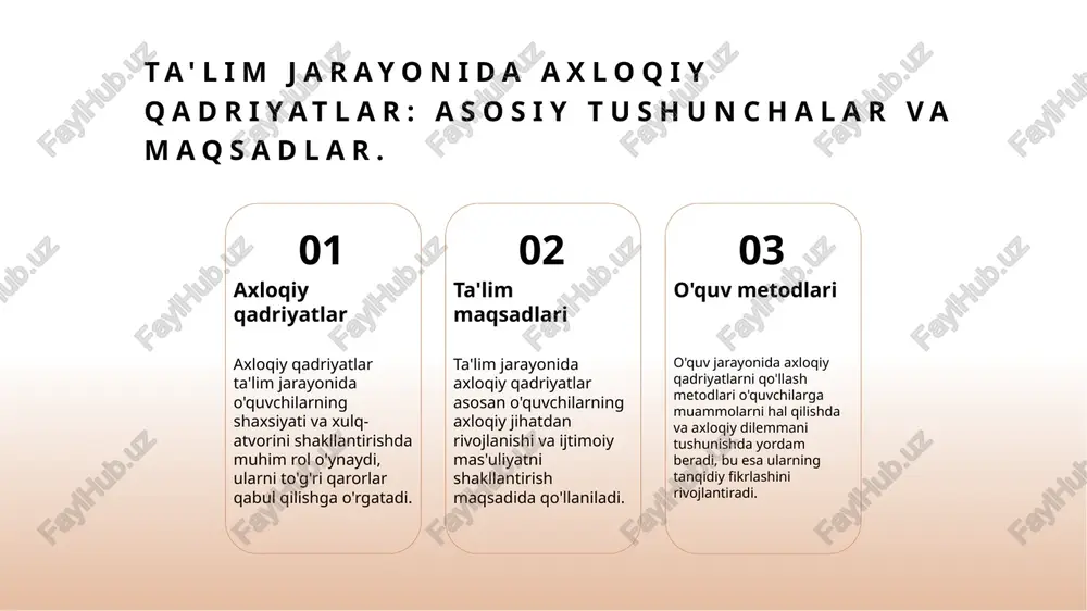 ratsiyalashmoqda. pedagogikada madaniy kontekst: o'zbekistondagi an'anaviy qadriyatlar ta'siri. 1 madaniy qadriyatlar o'zbekistonda madaniy qadriyatlar ta'lim jarayonida axloqiy asoslarni shakllantiradi, o'quvchilarga an'anaviy qadriyatlarni kiritadi va ularni rivojlantiradi. 2 an'anaviy ta'lim o'zbekistonning an'anaviy ta'lim metodlari, masalan, ustoz-shogird munosabatlari, axloqiy qadriyatlarni o'rgatishda muhim rol o'ynaydi va madaniyatni saqlaydi. 3 axloqiy integratsiya madaniy kontekstda axloqiy qadriyatlar ta'lim metodlari bilan birlashtiriladi. bu o'quvchilarning shaxsiy va ijtimoiy rivojlanishiga yordam beradi. madaniy kontekst va axloqiy o'qitish: o'zbek pedagogikasida integratsiya. 1 madaniyat va ta'lim - o'zbek pedagogikasida madaniyat ta'lim jarayoniga chuqur kirib boradi. o'zbek an'analarini hisobga olgan holda, o'quvchilar axloqiy qadriyatlarni o'zlashtiradi. 2 axloqiy ta'lim usullari - madaniy kontekstda axloqiy ta'lim usullari o'quvchilarga tenglik, hurmat va adolatni o'rgatishga qaratilgan. bu usullar o'zaro muloqotni rag'batlantiradi. 3 madaniy qadriyatlar roli - o'zbek pedagogikasida madaniy qadriyatlar o'quvchilarni axloqiy jihatdan rivojlantirishda asosiy rol o'ynaydi. bu qadriyatlar o'z-o'zini anglashga yordam beradi. pedagogikada madaniy kontekst va o'quvchi shaxsining rivojlanishi. 1 madaniy kontekst o'zbek pedagogikasida …