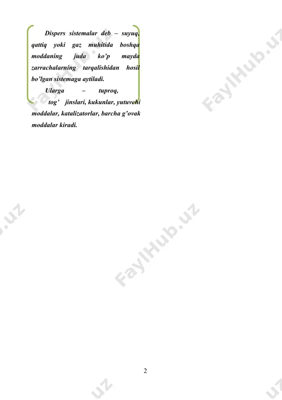 inamik muvozanatga erishmaydi, ammo bu tuzilma shunchalik ko’p mavjud bo’lishi mumkinki, uni muvozanatli fazadan ajratib olish, farqlash amaliy jihatdan qiyin va nazariy jihatdan esa noqulaydir. kolloidli oynalar, ba`zi kremlar va gellar kabi taniqli muvozanatga ega bo’lmagan tuzilmalar mavjud bo’lib, ular ko’plab yillar davomida kinetik jihatdan ushlab turilgan tuzilmalar sifatida ko’rilgan. [1: colloid science: principles, methods and applications, second edition edited by terence cosgrove_ 2010 john wiley & sons, ltd, p. 1-2. ] induvidual fazalarning har biri murakkab tarkibli bo’lishi mumkin, masalan, emulsiya gelda despersiyalangan gelga o’xshash zarrachalardan yoki bir - biriga teng zarrachalardan tuzilgan bo’lishi mumkin. 1.1–jadval · muhit (α)→ · dispers faza (β)↓ gaz (muhit) suyuqlik qattiq gaz (ko’piklar) - ko’pik qattiq ko’pik suyuq (tomchilar) suyuq aerozollar suyuq emulsiyalar qattiq emulsiyalar qattiq (zarrachalar) qattiq aerozollar zol qattiq zol tomsan grem kolloid kimyoga asos solgan olim tomsan grem kolloid kimyoga asos solgan olim hisoblanadi. 1861 yilda u erigan moddalarni pergament …
