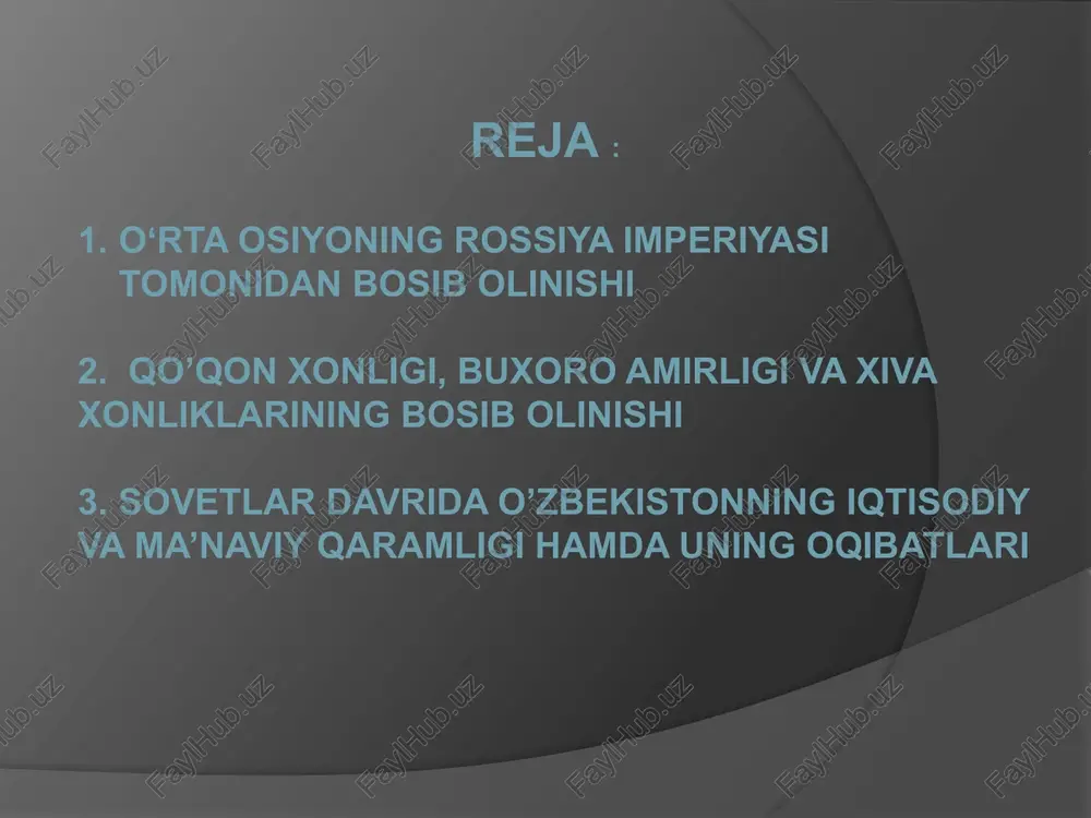 osiy shahri qoʻqonni egallaydi. m. d. skobelev fon kaufman 1853-yil 28-iyuldagi hujumdan keyingi oqmachit qal’asining koʻrinishi 10 buxoro amirligining rossiya imperiyasi tomonidan bosib olinishi 1840-1850-yillarda buxoro amirligining rossiya imperiyasi tomonidan bosib olinishi jarayoni boshlandi. f. romanovskiy buxoro amirligini rossiyaga qarshi urushga tayyorlanayotganligini bahona qilib, unga qarshi harbiy yurish boshlashga imperatordan ruxsat so‘raydi shu bilan buxoroga rossiya imperiyasi yurishlari boshlanadi. f. romanovskiy sirdaryoning oʻrta oqimidagi hududlarni egallashga kirishdi. birinchi jang 1866-yil 8-mayda erjar qishlog‘i yaqinida bo‘lib, kuchlar harbiy jihatdan teng bo‘lmaganligi uchun amir qo‘shinlari mag‘lubiyatga uchradi. f. romonnovskiy buxoro qo‘shinini taʼqib qilishni to‘xtatib, avval qo‘qon xonligi bilan buxoro amirligi o‘rtasida joylashgan — toshkent, qo‘qon, balx va buxoro bilan bog‘lovchi xo‘jandga qarab harakat boshladi. turkiston viloyati harbiy gubernator qo‘shinlari tomonidan xo‘jand qal’asi may oyida qamal qilinib, 20 ta to‘pdan o‘qqa tutildi. 1868-yil 2-3-iyunda rossiya imperiyasi qoʻshinlari buxoro amirligi qoʻshinlarini zirabuloq jangida mag‘lubiyatga uchragach fon kaufman 1868-yil 23-iyunda samarqandda amir muzaffar bilan buxoro …