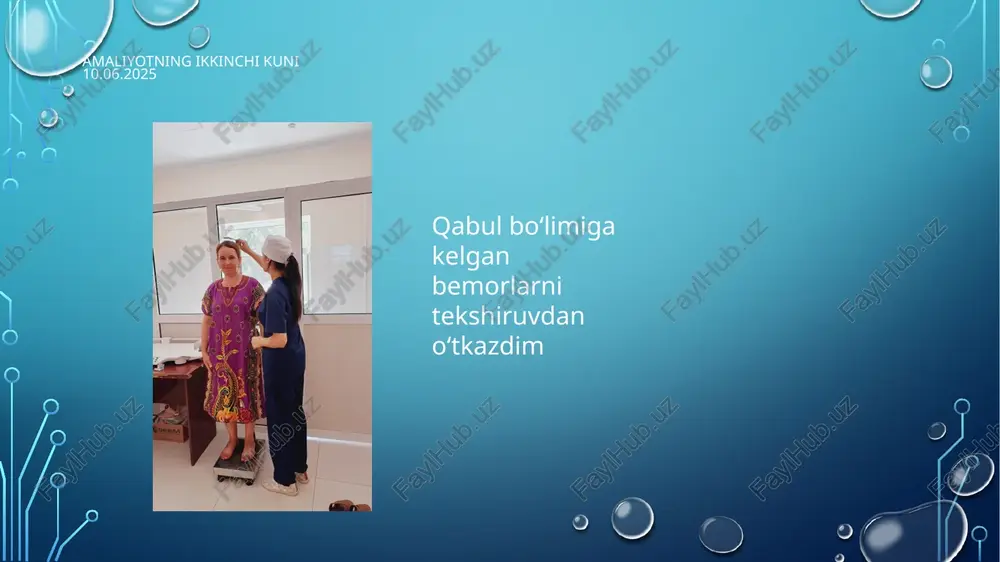 ing o’ttiz birinchi kuni 14.07.2025 travmatalogiya boʻlimiga kelgan bemorning shifokor koʻrigidan oʻtish jarayonida qatnashdim va bemor shikoyatini eshitdim amaliyotning o’ttiz ikkinchi kuni 15.07.2025 xirurgiya boʻlimidagi bemorning jarohatiga ishlov berish jarayonida qatnashdim va oʻrgandim amaliyotning o’ttiz uchinchi kuni 16.07.2025 shifokorlar tomonidan bajarilgan oʻtkir toshli xolisistet operatsiyasida qatnashdim amaliyotning o’ttiz to’rtinchi kuni 17.07.2025 reanimatsiya boʻlimidagi dori vositalarini hujjatlashtirishda katta hamshiraga yordam berdim amaliyotning o’ttiz beshinchi kuni 18.07.2025 shifokor tomonidan bajarilgan bemorning qoʻl jarohatini tikish jarayonida qatnashdim va oʻrgandim amaliyotning o’ttiz oltinchi kuni 19.072025 reanimatsiya boʻlimidagi bemorlarga antibakterial terapiya qildim e’tiboringiz uchun raxmat image3.png image4.png image5.jpeg image6.jpeg image7.jpeg image8.jpeg image9.jpeg image10.jpeg image11.jpeg image12.jpeg image13.jpeg image14.jpeg image15.jpeg image16.jpeg image17.jpeg image18.jpeg image19.jpeg image20.jpeg image21.jpeg image22.jpeg image23.jpeg image24.jpeg image25.jpeg image26.jpeg image27.jpeg image28.jpeg image29.jpeg image30.jpeg image31.jpeg image32.jpeg image33.jpeg image34.jpeg image35.jpeg image36.jpeg image37.jpeg image38.jpeg image39.jpeg image40.jpeg image41.jpeg image42.jpeg image43.jpeg image44.jpeg image45.jpeg image46.jpeg image47.jpeg image48.jpeg image49.jpeg image50.jpeg image51.jpeg image52.jpeg image53.jpeg image54.jpeg image55.jpeg image56.jpeg image57.jpeg image58.jpeg image59.jpeg image60.jpeg image61.jpeg image62.png …