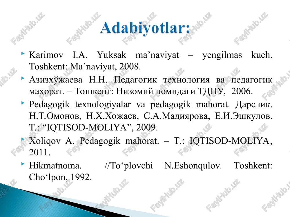 rejalashtirish va tashkil etish), konstruktiv operativ (o’zining va o’quvchilarning harakatlarini rejalashtirish); konstruktiv-moddiy (pedagogik jarayonning o’quv-moddiy bazasini loyihalash) jihatlarni o’zida aks ettiradi. tashkilotchilik tashkilotchilik faoliyati – o’quvchilarni faoliyatning xilma-xil turlariga jalb etish. kommunikativ kommunikativ faoliyat – pedagogning ta’lim oluvchilar, o’qituvchilar jamoasi, jamoatchilik, mahalla va ota-onalar bilan munosabatini yo’lga qo’yish. yuqoridagi fikrlardan kelib chiqqan holda, “pedagogik mahorat” tushunchasiga quyidagi tarzda umumlashgan ta’rifni berish mumkin: “kasbiy faoliyatning yuqori darajada tashkillanishini ta’minlovchi shaxs xususiyatlari kompleksi (o’qituvchi faoliyatining gumanistik yo’naltirilgani, kasbiy bilimlari, kasbiy qobiliyatlari va pedagogik texnikasi” (i.a.zyazyun); pedagogik mahorat – pedagogik jarayonni bilish, uni tashkil eta olish, harakatga keltira olish, pedagogik jarayonning yuqori samaradorligini belgilovchi shaxsning ish sifati va xususiyatlari sintezi (n.n.azizxo’jayeva); pedagogik mahorat – bu o‘quv jarayonining barcha shakllarini eng qulay va samarali holatda tashkil etish, ularni shaxs kamoloti maqsadlari tomon yo‘naltirish, talabalarda (o‘quvchilarda) dunyoqarash, qobiliyatni shakllantirish, ularda jamiyat uchun zarur bo‘lgan faoliyatga moyillik uyg`otishdir. pedagogik mahorat pedagog shaxsining insonparvar yo’nalganligi kasbiy bilimlar …