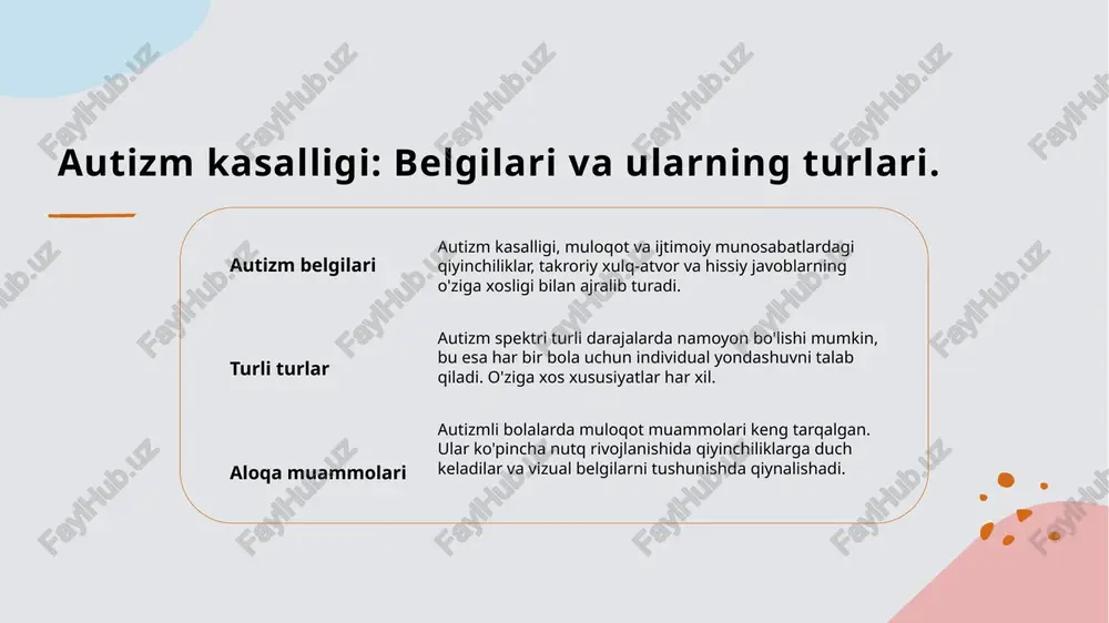 iy rivojlanishni qo'llab-quvvatlaydi. 2 individual reabilitatsiya - har bir autizmga chalingan bolaning ehtiyojlari o'ziga xosdir. individual reabilitatsiya dasturlari, ularning qobiliyatlari va qiyinchiliklarini hisobga olgan holda tuziladi. 3 oila va terapevtlar - oila va terapevtlar o'rtasidagi hamkorlik, autizmga chalingan bolalarning muvaffaqiyatli rivojlanishi uchun muhimdir. ular birgalikda strategiyalar ishlab chiqishadi va qo'llab-quvvatlashni ta'minlaydilar. oila va jamiyatning roli: autizimni davolashda qo'llab-quvvatlash. oila roli oila, autizmga ega bolalarning rivojlanishida muhim rol o'ynaydi. ular uchun sevgi, qo'llab-quvvatlash va muhit yaratish zarur. jamiyatning ta'siri jamiyat, autizmni tushunish va qabul qilish orqali, bolalarga qo'llab-quvvatlovchi muhit yaratishi mumkin. bu, jamiyatning umumiy madaniyatiga ta'sir qiladi. ta'lim va resurslar ta'lim muassasalari va resurslar, autizmga ega shaxslarni qo'llab-quvvatlashda muhimdir. to'g'ri yondashuvlar ularning mustaqil yashash imkoniyatlarini oshiradi. terapiya turlari: autizmni boshqarish va mustaqil yashash imkoniyatlari. 01 terapiya turlari autizmni boshqarish uchun turli terapiya turlari mavjud. ushbu terapiyalar shaxsiy ehtiyojlarga mos kelishi kerak va farqli yondashuvlarni o'z ichiga oladi. 02 davolash strategiyalari davolash …
