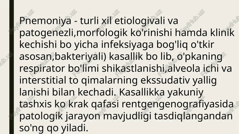a xavf kam. * juda og'ir - yaqqol rivolangan intoksikatsiya va serebral hamda nevrologik buzilishlar (otkir psixoz, sopor, nafas ritmi buzilishi, meningit belgilari va boshgalar), og'ir nafas olish va yurak gon-tomir yetishmovchiligi, ns bir daqiqada 30 tadan, puls 110 tadan ko'p, kollaps, o'pka shishi, gipoksiya va boshga asoratlar kuzatiladi. o'pkada massiv infiltratsiya o'choqlari va destruksiya aniqlanadi. pnevmoniyaning og’irlik darajasi: har ganday pnevmoniyaning klinik ko'rinishi o'pka to' qimasi zararlanganligini chegaralangan hamda o'pkadan tashqari belgilari, laborator va rentgen ozgarishlar, kasallik asoratining klinik namoyon bo'lishini o'z ichiga oladi. pnevmokokk ctiologiyali bo'lakli va o'choqli pnevmoniya aholi orasida ko'p uchraydi va uning klassik klinik kechishida quyidagi morfologik bosqichlar ajratiladi: - quyilish bosqichi. qon tomirlar o’tkazuvehanligi va mikrosirkulyatsiyaning buzilishi, o'pka to qimasi giperemiyasi bilan arakterlanadi. to qima elastikligi pasayio, alveola devorlarida shishlar kuzatiladi va uning ichida ko'p bo'imagan ekssudat yig'ila boshlaydi. klinikasi. - jigarlanish bosqichi (gepatizatsiya). bu bosqichda alveola fibroz ekssudat bilan to'ladi va u fibrin, …