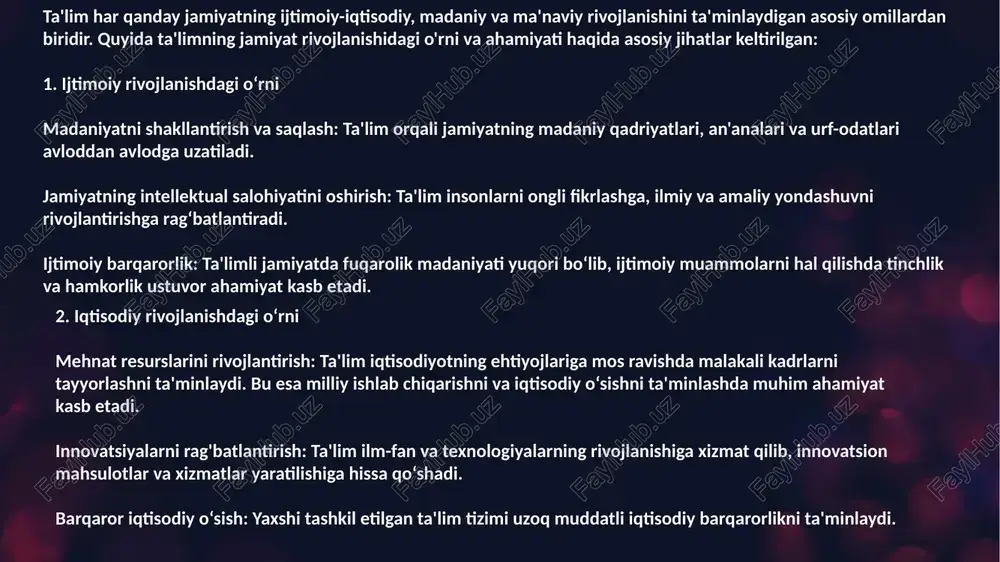 ltetlar tashkil etish va xalqaro grantlar jalb qilish. talabalar almashinuvi: xalqaro dasturlar orqali talabalar va o‘qituvchilar almashinuvini kuchaytirish. ta’lim standartlarini xalqaro darajaga moslashtirish: diplomlarni xalqaro miqyosda tan olish uchun zarur bo‘lgan islohotlarni amalga oshirish 5. kadrlar tayyorlash tizimini takomillashtirish mehnat bozoriga moslashish: zamonaviy iqtisodiyot va texnologiyalarga mos yangi mutaxassisliklarni ochish. dual ta’lim tizimi: ishlab chiqarish bilan birga o‘quv jarayonlarini olib borish orqali amaliy ko‘nikmalarni rivojlantirish. tadqiqot va innovatsiyaga e’tibor: ilmiy-tadqiqot faoliyatiga yoshlarni jalb qilish va startaplarni qo‘llab-quvvatlash 6. ijtimoiy tenglikni ta’minlash imtiyozli sharoitlar yaratish: nogironligi bo‘lgan shaxslar va ijtimoiy himoyaga muhtoj qatlamlar uchun maxsus ta’lim dasturlarini joriy qilish. ayollar ta’limini rivojlantirish: qizlarning oliy ta’lim olish imkoniyatlarini kengaytirish va ularni qo‘llab-quvvatlash. 7. ma’naviyat va vatanparvarlik tarbiyasini kuchaytirish milliy qadriyatlarni saqlash: ta’lim jarayonida o‘zbek xalqining tarixi, madaniyati va qadriyatlarini targ‘ib qilish. fuqarolik madaniyatini rivojlantirish: yoshlarni ijtimoiy mas’uliyatli, faol va vatanparvar shaxs sifatida tarbiyalashga qaratilgan chora-tadbirlar. o‘zbekiston respublikasi ta’lim tizimini jahon standartlariga moslashtirish, …