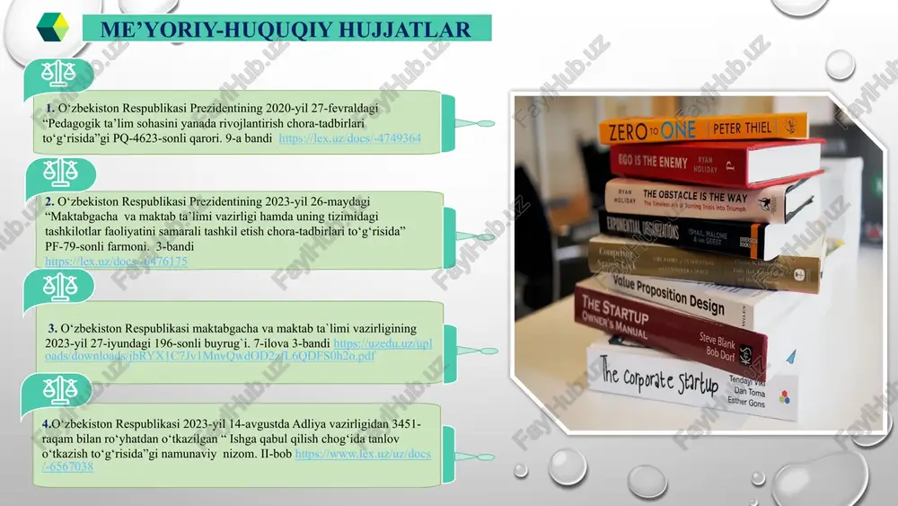 a’lim bazasida maktablarga o‘qituvchilarni ishga qabul qilish bo‘yicha yangi modulni ishga tushiradi. endilikda o‘qituvchilarning barcha ma’lumotlari «pedagog portfoliosi» modulida jamlangan. bu yerda o‘qituvchi, uning ma’lumoti, sog‘lig‘i, ish tajribasi, qonunbuzarliklar, attestatsiya, mukofotlar va murabbiylik haqidagi elektron ma’lumotlar hamda raqamli hujjatlar saqlanadi https://aniq.uzgiliklar/q-qabul-qilish-tizimi-avtomaildi 7 qiyosiy tahlil t/r amaldagi holat (o‘zbekistonda) amaldagi holat (xorijda) taklif 1. maktabda kadrlarni tanlab olish jarayonida ishchi guruh tuzilmaganligi. amalda pedagog kadrlarni direktorlar hech qanday tanlovsiz qabul qilishadi. avstraliya mamlakatning qishloq va shahar joylarida xususiy va davlat maktablari joylashgan. avstraliyadagi xususiy va davlat maktablari uchun ingliz tilida so'zlashuvchi o'qituvchilar talab qilinadi. avstraliyada oʻqituvchi boʻlish uchun oʻqish va yozish boʻlimlari boʻyicha kamida 7.0 ball, shuningdek nutq va tinglash boʻlimlari uchun 8.0 ball talabi qo`yilgan. maktabda salohiyatli kadr tanlab olish jarayonida maktab direktori, o`rinbosarlar, jamoatchilik, kuzatuv kengashi va malakali o`qituvchilardan iborat ishchi guruhini tuzish va nomzodlarni amaliyotda sinab ko`rish. 2. amalda oliy ta`lim muassasalari va maktab rahbariyati o`rtasida hech qanday …
