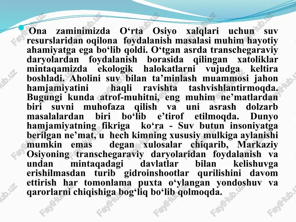 r qismi (quyi bo‘g‘inda) jamoat tashkilotlari orqali bevosita suv istemolchilari va suvdan foydalanuvchilarning o‘zlariga berildi. 2003 yildagi 320-sonli suv istemolchilari va suvdan foydalanuvchilarning qarorlar qabul qilish jarayonida bevosita ishtirokini taminlovchi jamoat tashkiloti sifatida suv istemolchilari uyushmalari (siu) tashkil etildi va ularning faoliyati yo‘lga qo‘yildi. bugungi kunda dehqon va fermer xo‘jaliklari o‘rtasidagi suv munosabatlarini tartibga solish maqsadida 1510 ta suv istemolchilari uyushmalari xizmat ko‘rsatmoqda. hozirda ular suv xo‘jaligi tizimining eng qo‘yi va shu bilan birga eng asosiy bo‘g‘in hisoblanadi; qishloq xo‘jaligi ishlab chiqarishi diversifikatsiya qilindi. suvni ko‘p talab qiluvchi ekin maydonlari qisqartirilib, o‘rniga boshoqli don, sabzavot-poliz ekinlari va bog‘-uzumzorlar maydoni kengaytirilmoqda. sholi maydonlari 180 ming gektardan 40 ming gektargacha kamaytirildi. jumladan, agar o‘tgan asrning 80-yillarida umumiy sug‘oriladigan erlardan 50% da paxta etishtirilgan bo‘lsa, hozirgi kunda paxta maydoni jami sug‘oriladigan maydonlarning 30% ni egallamoqda respublikada har yili 5,0 ming km magistral kanallar, mamlakat hukumati tomonidan suv xo‘jaligi inshootlarini ishlatish va zamonaviylashtirishga davlat …
