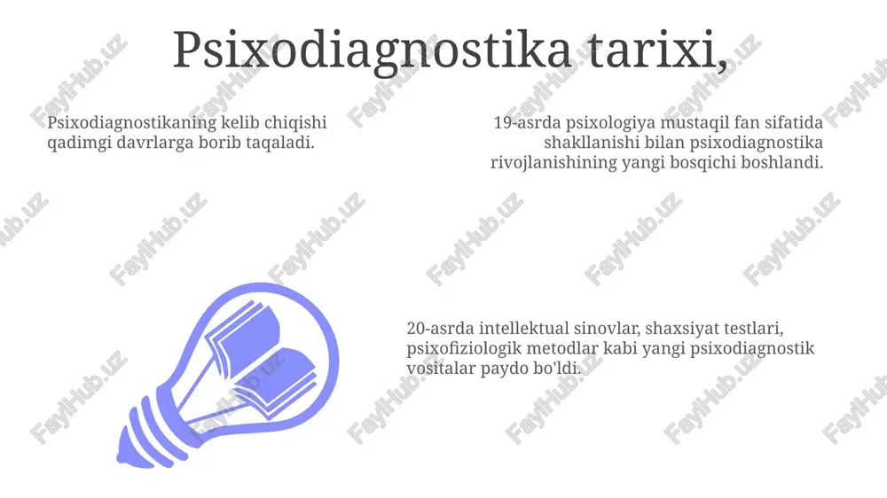 irgi kunda turli xil psixologik va ruhiy kasalliklarni aniqlash va davolash uchun keng qo'llaniladi. psixodiagnostikaning ahamiyati, psixodiagnostikaning ahamiyati, aqliy va xulq-atvor muammolari diagnostikasi va davolashda muhim rol o'ynaydi. psixodiagnostikaning tarixi, psixologiya fanining rivojlanishi bilan bog'liq, ilk shakllari antiqa davrda paydo bo'lgan. psixodiagnostika, shaxsning psixologik xususiyatlari, intellektual qobiliyatlari, ijtimoiy moslashuvi va boshqa jihatlarini o'rganish va baholash usullarini o'z ichiga oladi. psixodiagnostikaning etikai masalalari, psixodiagnostikaning etikai masalalari - the ethical issues in psychodiagnostics. psixodiagnostika tarixi - psixodiagnostika tarixi qadimgi zamonlardan boshlangan uzoq va murakkab tarixga ega. the history of psychodiagnostics - the history of psychodiagnostics is a long and complex one, dating back to ancient times. psixodiagnostikaning kelajagi, add text add text add text add text add text add text psixodiagnostika - odamlarning psixologik xususiyatlarini baholash va tushunish uchun mo'ljallangan ilmiy va amaliy yo'nalish. psixodiagnostikaning kelajagi - psixodiagnostika sohasining rivojlanish tendentsiyalari, yangi texnologiyalarni qo'llash va inson psixikasini chuqurroq tushunishga qaratilgan istiqbolli yo'nalishlarni …