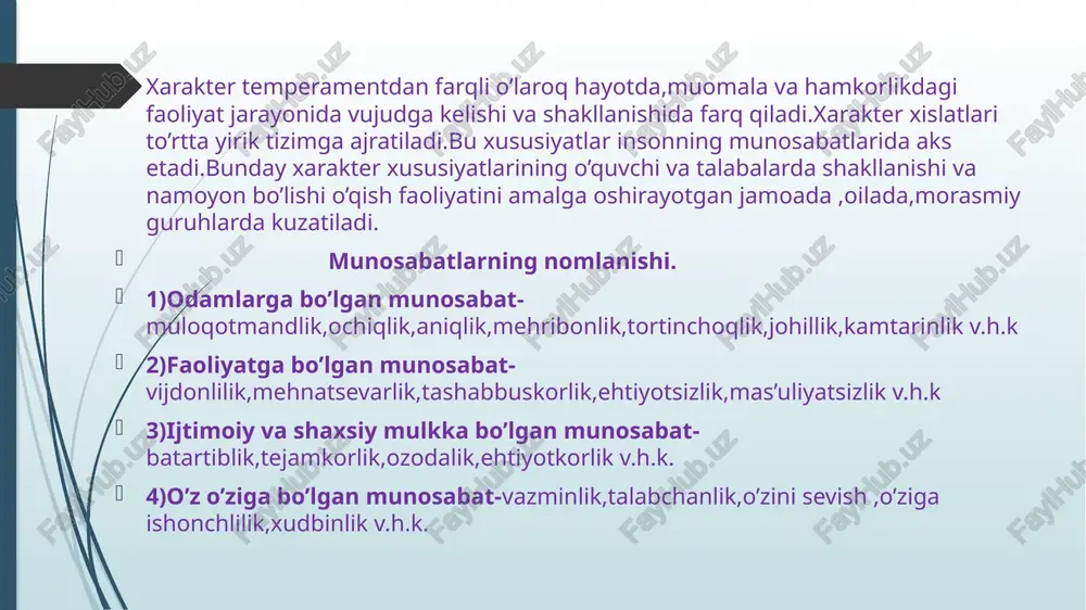k, iroda va sabr-toqat talab qilinadigan ishlarda esa flegmatiklar ustun keladi. melanxoliklar--- g‘amgin, jur’atsiz va ma’yus kishilardir. saiga charchash, biror ishga yetarlicha jur’at etmaslik, o‘z fikrlari va istaklarini qondira olmaslik ular uchun xosdir. melanxoliklar, ko‘pin- cha, arzimagan qiyinchiliklarga bardosh bera olmaydilar, ularga qarshi kurashdan voz kechadilar. sangviniklar va flegmatiklar esa qiyinchiliklarni oson yengishadi, xoleriklar ularni hatto yo‘q qilib yuboradi. melanxoiiklarda ijobiy his-tuyg‘ulardan salbiy his-tuyg‘ular ustunlik qiladi. baxtli voqealarga qaraganda, ularga noxush voqealar ko‘proq ta’sir qiladi. shuning uchun ham ular doimo tushkun kayfiyatda yurishadi. ular zaif va sust kishilardir. qiziqish inson qiziqishlari bir qator omillar ta'sirida shakllanadi va rivojlanadi. quyida bu jarayonni izohlovchi asosiy omillarni ko'rib chiqamiz: tabiiy qiziqishlar va moyilliklar: ba'zi insonlarda tabiiy moyilliklar yoki qiziqishlar tug'ma bo'lishi mumkin. masalan, bolalikdan tabiatga, san'atga yoki matematikaga qiziqish sezilishi mumkin. bu qiziqishlar genetika, temperament va ilk hayotiy tajribalar bilan bog'liq bo'lishi mumkin. muhit va tarbiya: oila, do'stlar, o'qituvchilar va ijtimoiy muhit inson …