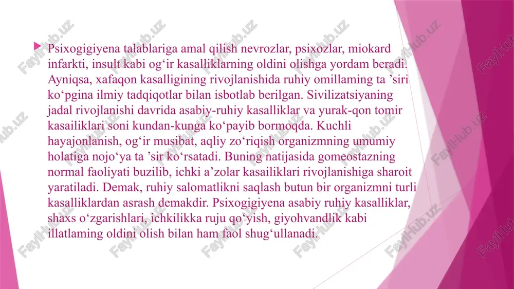lmasdan qolmaydi. shuning uchun ham jinsiy hayot psixogigiyenasini alohida o‘rganish talab qilinadi. oila mustahkam bo‘lishi uchun nikohga katta e’tibor qaratilmog‘i kerak. qariyalar muammosi har qanday jamiyatda ko‘ndalang turgan muammodir. chunki ular ishga yaroqsiz bo‘hb qolishgach, ba’zan farzandlari e’tiboridan ham chetda qolib ketishadi. ayniqsa, doimo faol hayot kechirib kelayotgan kishi nafaqaga chiqib, ishsiz qolganda, uning ruhiyatiga katta ziyon yetishi mumkin. shuning uchun qariyalami mahalla yoki 0‘zining awalgi mutaxassisligi bilan bog‘liq ishlarga jalb qilish, ularning jismoniy va ruhiy salomatligini tiklash hamda saqlashga yordam beradi. image1.png image2.png image3.jpg /docprops/thumbnail.jpeg