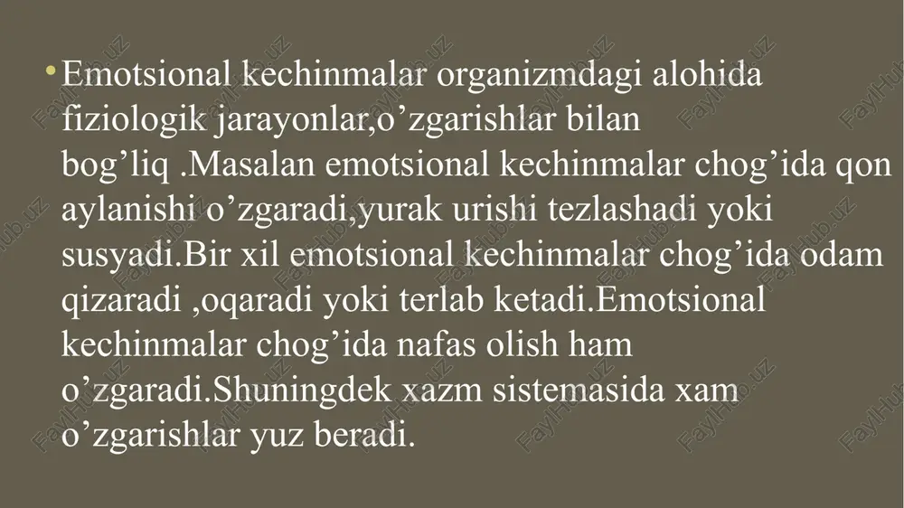 chiliklar, tahdidlar bilan namoyon bo'ladi. g.sele stressni 3 asosiy bosqichga ajratgan va uni quyidagicha ta’riflagan: birinchi bosqich — xavotirlanish bosqichi. bu bosqichda qon bosimi va tana harorati pasayadi, kapillarlaming qon bilan to‘lishi va alkaloz kuzatiladi, oshqozon-ichak sistemasida funksional o‘zgarishlar paydo bo‘ladi, qonda qand miqdori kamayadi ikkinchi bosqich - qarshilik ko'rsatish bosqichi. bu bosqichda alkaloz asidoz bilan, gipoglikemiya giperglikemiya bilan, arterial gipotoniya gipertoniya bilan almashadi, tana harorati ko‘tariladi va buyrak usti bezi qobig‘i shishadi, kortikosteroidlar ko'plab ajralib chiqadi; uchinchi bosqich — toliqish bosqichi. bu bosqichda yurak mushaklarida distrofik o'zgarishlar kuzatiladi, oshqozon-ichak sistemasida yarachalar paydo bo‘ladi, ularga nuqtasimon qon quyiladi. image1.png image2.jpeg image3.jpg /docprops/thumbnail.jpeg
