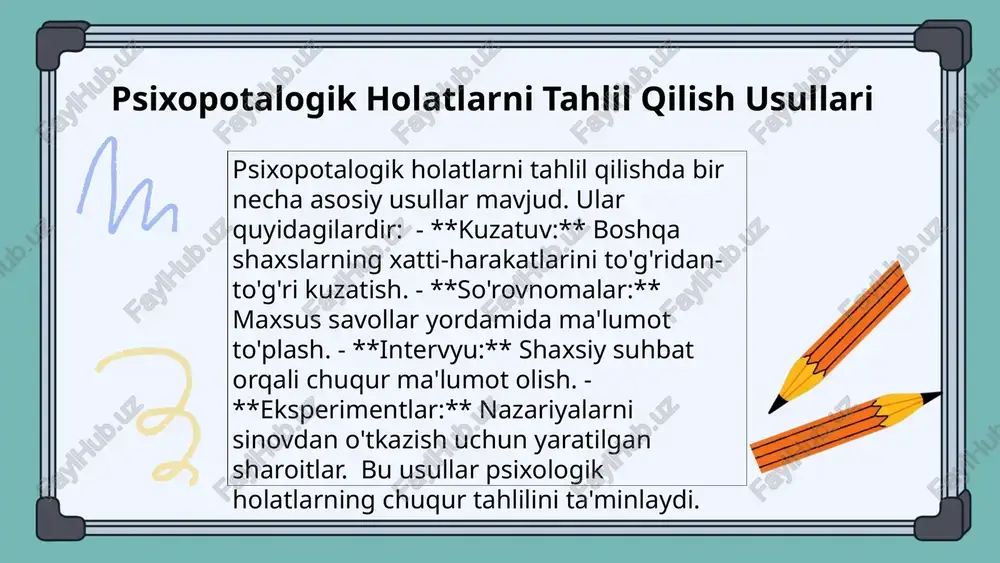 omatlikni baholashda muhim rol o'ynaydi. tahlil usullarining afzalliklari va cheklovlarini bilish, amaliy natijalarni oshiradi. genetik va ijtimoiy omillar individual tafovutlarni belgilaydi, bu shaxsning o'ziga xosligini ko'rsatadi. photo by markus spiske on unsplash 1 2 3 foydalanilgan adabiyotlar 1. jumaniyozova, m. psixopotalogik holatlarni tahlil qilish usullari. o'zbekiston fanlar akademiyasi, 2021 2. toshbekov, s. individual tafovutlarni belgilovchi omillar: psixologik nuqtai nazar. psixologiya jurnali, 2022 3. mansurova, l. psixopotalogik holatlarning salbiy ta'siri va ularni yengish strategiyalari. o'zbekiston sog'liqni saqlash vazirligi, 2023 4. karimov, r. psixopotalogik tadqiqotlar: metodologik yondashuvlar. o'zbekiston psixologlar assotsiatsiyasi, 2020 5. abdulazizov, z. psixopotalogik holatlarning shaxsiy farqlari: genetik va ijtimoiy omillar. o'zbekiston psixologiya ilmiy markazi, 2021 e'tiboringiz uchun rahmat! image1.png image2.png image3.png image4.png image5.png image6.png image7.png image8.png image9.png image10.png image11.png image24.jpg image25.jpg image18.png image19.png image20.png image21.png image22.png image23.png