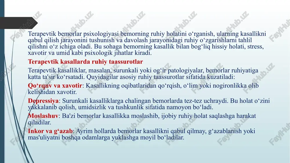 i, barcha ko‘rilgan chora-tadbirlar yordam bermaydi. shifokor o‘limidan bir kun o‘tib, bemor ham vafot etadi. somatogen jihatdan kelib chiqqan ruhiy buzilishlar ko‘pin- cha xavotirli-vahimali bemorlarda paydo bo‘ladi, ularning holatida ipoxondrik alomatlar ham seziladi. ular asosiy kasallik natijasida paydo bo‘lgan nevrozlar, zaiflik, tezda charchab qolish, bosh og‘rig‘i, uyquning buzilishi, o‘z ahvolidan cho‘- chish, haddan tashqari terlash, yurak urishining tezlashuvi va hokazo holatlardan shikoyat qiladilar.alkogolizm va giyohvandlik dardiga yo‘liqqan shaxsda kasallik aniq ko‘zga tashlanadigan bosqichga yetganda, odatda, ichki a'zolarining turli xastaliklari: jigar, yurak, buy- rak, me'da osti bezlari va boshqa xastaliklar aniqlanadi, shu sababli ular somatik kasalxonaning terapiya bo‘limida davo- lanish uchun keladilar.nevrozsimon alomatlar ko‘pincha asosiy kasallikning klinik manzarasini niqoblab qo‘yadi. natijada, bemorlar turli ixtisoslikdagi mutaxassislarga murojaat qiladilar, biroq ha- misha ham dardlari yengillashavermaydi, bu hol bemorlarni nevrotik va ipoxondrik holatlarga duchor qiladi. somatopsixik bog‘lanishlar nafaqat bemorga to‘g‘ri mu- nosabat bilan yondashish uchun kerak, balki asosiy kasal- likni davolashda ham muhimdir. yurak …