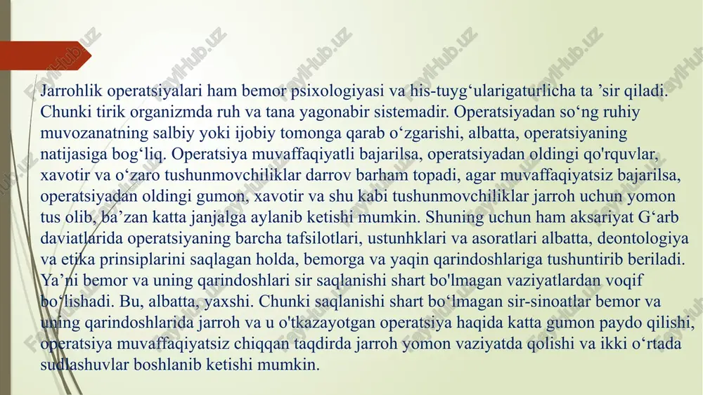 ndan to‘g‘ridir ham. chunki o’tkir appendisit ba’zi hollarda peritonit asoratini beradi yoki tashxis o‘z vaqtida aniqlanmay, ko‘richak yorilib ketadi. bu esa hayot uchun xavflidir. yaqin bir tanishim ≪flegmonoz appendisit≫ tashxisi qo‘yilib, zudlik bilan tunda operatsiya qilingandi. operatsiyadan so‘ng jarroh bemoming yaqinlariga kasallik peritonitga o‘tishiga oz qolganligini aytadi. uning ahvolidan qo‘rqqan akasi o ‘z xohishi va jarroh tavsiyasiga ko‘ra ko‘richagini oldirib tashlatadi. giyohvand moddani bir marta bo‘lsa-da qabul qilish va tanasidagi kuchli og‘riqlardan qutulish uchun ba’zi narkomanlar jarrohlik operatsiyasiga ham tayyor turishadi. giyohvand moddalar va spirtli ichimliklarni ko‘p iste’mol qiluvchilarda hamda ruhiy bemorlarda o‘tkir jarrohlik kasalliklari kuzatilsa, bu jarroh uchun katta tashvish tug‘diradi. ayniqsa, bolalarda oligofreniya, imbesil holatlar va boshqa tug‘ma nuqsonlar, qariyalarda esa involyutsion psixozlar, demensiyalar. ularning xulq-atvoridagi patologik o‘zgarishlar tashxisni to ‘g‘ri aniqlashga to‘sqinlik qiladi, ular operatsiyadan so‘ng vrach tavsiyalariga to'la amal qila olishmaydi va buning natijasida, operatsiya qilingan joylar ochilib, qon ketishi kabi bemor hayoti uchun xavfli vaziyatlar …