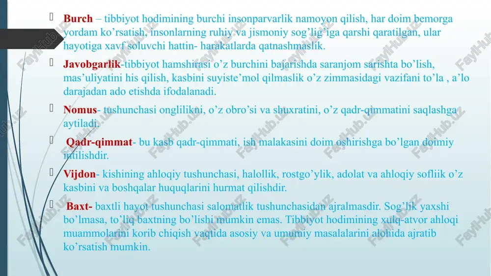 unosabatda bo’luvchilar. e’tiborsiz – salomatligidagi kasallikni tan oladilar lekin, zarur choralarga rioya qilmaydilar. beriluvchan – ular arzimas o’zgarishlarga ortiqcha berilib, o’z kasalliklari bilan ovora bo’ladilar. ipaxondrik- munosabatda bo’lish bemor kasallik vahimasidan tushkunlikka tushib, o’zgarishlarni bo’rtib ko’rsatadilar. shifokorning bemor bilan muloqatida bemorni tuzalishga bo‘lgan ishonchini paydo qilish, davolanish samaradorligini 50% ga oshirishi mumkin. bemorning shifokor bilan ijobiy muloqati bemorning ruhiy-emotsional holatiga ta’sir etib, kayfyatini kutarilishga olib keladi, natijada sog‘ayish tezlashadi, tushkunlikka tushishini oldini oladi. bemorni davolash uchun nafaqat dori-darmonlar va boshqa tibbiy muollojoalar, balkim muloqatning ham muhum o‘rni bor 2019-2022 yillarda o‘zbekiston respublikasida tibbiyot xodimlariga 285 dan ortiq xolatda turli shakldagi tajovuzlar qilingan. bunga sabab aholining ko‘rsatilayotgan tibbiy xizmatidan norozilik zamirida qo’pol muloqatda bo‘lish jumlasi ko‘p takrorlanmoqda. bu o‘z navbatida “tibbiy etika va deontologiya asoslari” mavzusini haligacha dolzarbligini ko‘rsatmoqda. verbal-to‘g‘ridan - to‘g‘ri so‘zlashuv nutqi orqali noverbal-turli imo-ishoralar orqali turlarga bo‘linadi. noverbal muloqot turlari . kinesika – bu imo-ishoralar, mimika va pantomimikadan …