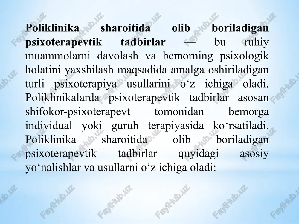 poliklinikada oilaviy psixoterapiya ham muhim o‘rin tutadi. oilaviy psixoterapiya oiladagi aloqalarni yaxshilashga, turmush o‘rtog‘ining o‘zaro tushunishini kuchaytirishga yordam beradi. psixoterapevt oilaning barcha a’zolarini jalb qilgan holda, oiladagi nizolarni hal qilishga yordam beradi. oila a’zolarining o‘zaro hurmat, muloqot va muammolarni birgalikda hal qilish ko‘nikmalarini rivojlantirishga yordam beradi. 8. stress boshqaruvi va relaxatsiya texnikalari stressni boshqarish va relaxatsiya (dam olish) texnikalari — bu stressli vaziyatlar bilan kurashish va o‘zini boshqarishni o‘rgatish uchun ishlatiladigan usullardir. bunday texnikalar, masalan, nafas olish mashqlari, meditatsiya, yoki progressiv mushaklarning bo‘shashishi orqali amalga oshiriladi. bularning barchasi poliklinika sharoitida ham bemorning stressni boshqarishiga yordam beradi. 9. sog‘lom turmush tarzini targ‘ib qilish poliklinikalarda psixoterapevtlar bemorlar bilan sog‘lom turmush tarzini rivojlantirish bo‘yicha ishlashadi. bu jarayonda oziqlanish, uyqu, jismoniy faollik va stressni boshqarish kabi masalalar ko‘rib chiqiladi. poliklinika sharoitida psixoterapevtik tadbirlar, asosan, bemorlarning umumiy ruhiy salomatligini yaxshilash, kasalliklarning oldini olish, stressni kamaytirish va odamlarning ichki muammolarini hal qilishga qaratilgan. bunday yondashuvlar orqali …