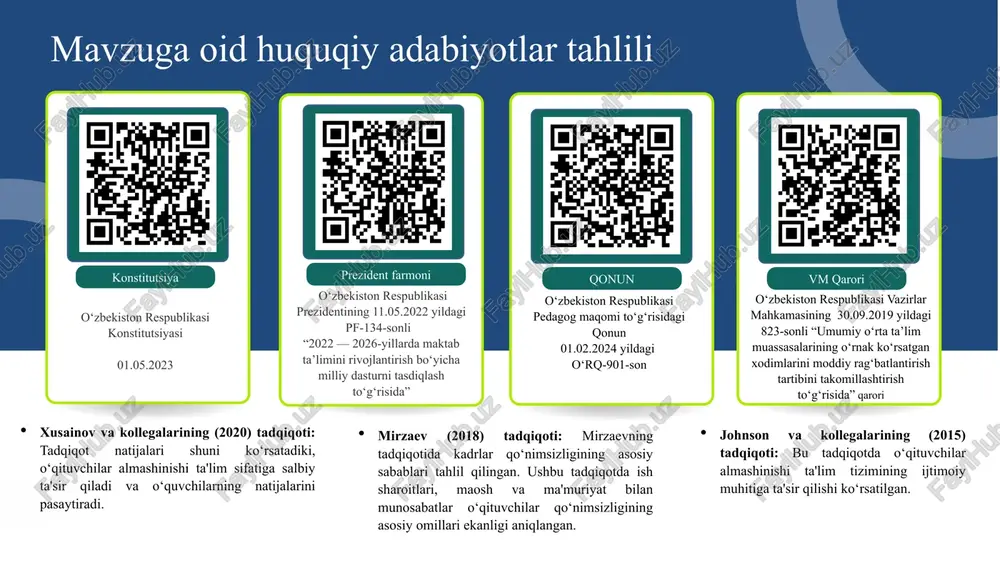 mahalliy hududdan ishga olish mahalliy hududdan ish tajribasiga ega bo’lgan kadrlarni jalb etish bosqichma bosqich oshirib borish. xorijda, masalan, germaniya va qozog’istonda o‘qituvchilar uchun yuqori maosh va qo‘shimcha rag‘batlantirish mavjud. mahalliy hududdan ish tajribasiga ega bo’lgan kadrlarni jalb etish. qo‘shimcha rag‘batlantirish tizimini joriy etish. 4 kasbiy rivojlanish imkoniyatlari kasbiy rivojlanish dasturlari qoniqarli, o‘qituvchilarga doimiy malaka oshirish imkoniyatlari taqdim etilmaydi. yaponiya va germaniya o‘qituvchilar doimiy ravishda kasbiy rivojlanish dasturlarida ishtirok etishadi. o‘qituvchilarga kasbiy rivojlanish dasturlarini kengaytirish, malaka oshirish treninglarini tashkil etish. 5 ma'muriyat bilan munosabatlar o‘qituvchilar va ma'muriyat o‘rtasida munosabatlar ba'zan muammoli, bu ish muhitini yomonlashtirishi mumkin. xorijda o‘qituvchilar va ma'muriyat o‘rtasida yaxshi munosabatlar mavjud, bu maktab ichidagi ijtimoiy muhitni yaxshilaydi. ma'muriyat bilan o‘qituvchilar o‘rtasida munosabatlarni yaxshilash uchun treninglar va seminarlar tashkil etish. xulosa o‘zbekistondagi maktablarda kadrlar qo‘nimsizligini bartaraf etish muhim masalalardan biridir. bu masalani hal qilish ta'lim sifatini oshirish va o‘quvchilarning muvaffaqiyatini ta'minlash uchun zarur. o‘qituvchilar ishlashi uchun shart-sharoit yaratish, …