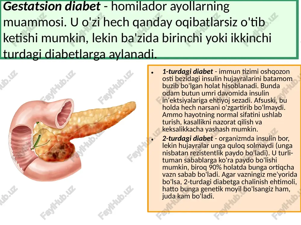 * glyukoza miqdorining doimiy tarzda baland bo'lishi kataraktaga olib keladi, keyin esa 5-10 yildan so'ng ko'zi ojizlikka. * 2-turdagi diabet buyraklarni nobud qiladi: oldiniga peshobda oqsil paydo bo'ladi, keyin 2-8 yil ichida buyrak yetishmovchiligi rivojlanadi. ilk bor aniqlangan buyrak kasalliklarining 44% diabet bilan bog'liq. * barcha diabetiklarning 60-70 foizi neyropatiyadan - qo'llar va oyoqlardagi og'riqlar va ta'sirchanlikning buzilishidan aziyat chekadilar. neyropatiya, o'z navbatida, qon aylanishidagi buzilishlarga, tuzalmaydigan yaralarga olib keladi. * nihoyat, bu kasallik har qanday infektsion xastalikni yuqtirib olish xavfini oshiradi. davolanmayotgan diabetikning yaralari yaxshi tuzalmaydi, har qanday jarrohliq operatsiyasidan keyin infektsion asoratlarni orttirish xavfi katta bo'ladi, hatto appendiks olib tashlanganidan keyin ham. 2 ga ko'paytiramiz. xuddi shu muammolar to'plami semirishda ham uchraydi. semirishsiz 2-turdagi diabet faqat 10% kishilardagina uchrashini hisobga oladigan bo'lsak, yuqoriga sanab o'tilganlarga quyidagilar ham qo'shiladi: osteoartrit, nafas olish yetishmovchiligi, bachadon, ko'krak, buyrak, o't pufagi, prostata va ichak saratoni xavfining oshishi. endi yoqimli xabar: 2-turdagi diabet …