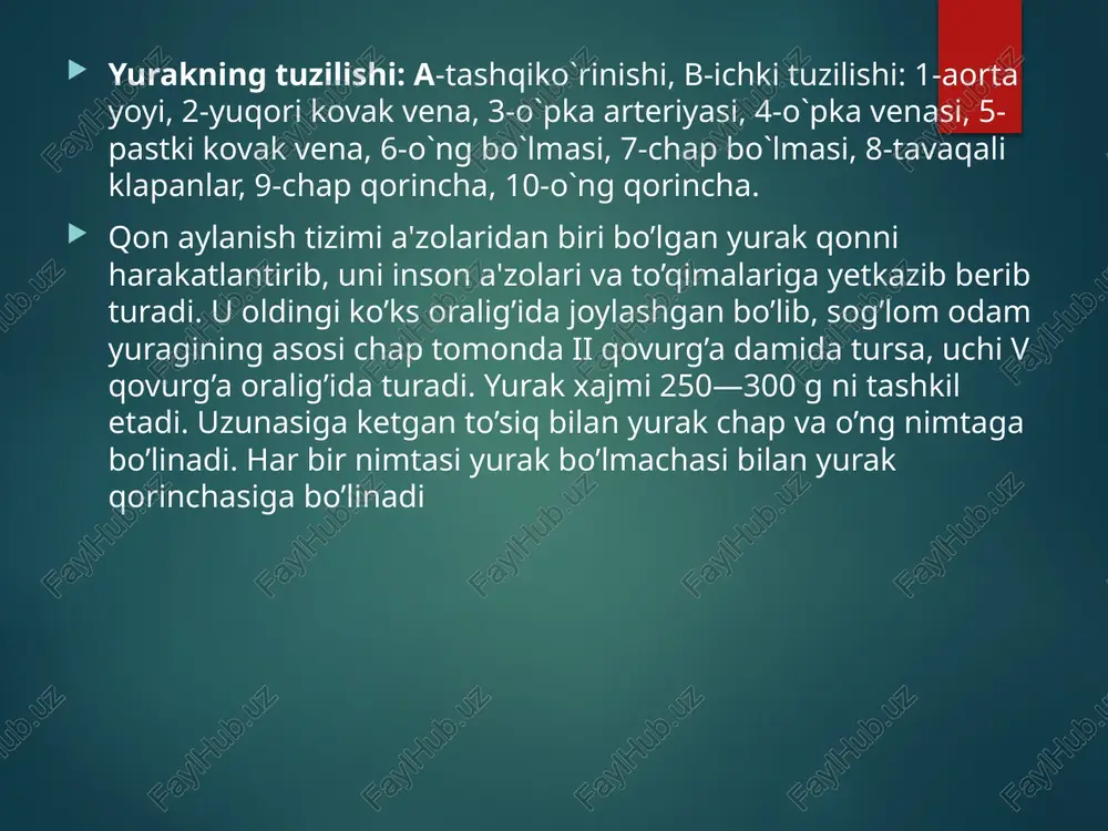 yurak o’zining qisqarishi uchun impulslarini o’zi ishlab chiqarib boradi, ya'ni u avtomatizm xususiyatiga egadir. u har safar qisqarganda normada 50—70 ml qonni otib chiqaradi, bu sistolik hajmni tashkil etadi. yurakning minutlik hajmi 1 minut davomida yurak otib chiqaradigan qon miqdori hisoblanadi. odam tinch turganida u 3,5—5 litrni tashkil etadi. sistola paytida yelka arteriyasidagi qon bosimi sog’lom odamda taxminan 17,5— 18,5 kpa (simob ustuni hisobida 110-140 mm) ni tashkil etadi. diastola paytida bu bosim pasayib 9,33—10,7 kpa (simob ustuni hisobida 70— 80 mm) ga tushadi. qonning hammasi tomirlar o’zanida aylanib yurmaydi. sog’lom odam organizmidagi 5—6 litr qonning 1/3 qismi asosiy qon depolari — jigar, taloq, muskullar va terida aniqlanadi. qon aylanish tizimida kuzatiladigan o’zgarishlar qon aylanish tizimida quyidagi o’zgarishlar kuzatiladi: yurak o’ynashi, uning to’xtab-to’xtab urishi (aritmiya), yurak sohasida og’riq, hansirash. nafas qisishi (bo’g’ilish), shish, sianoz va boshqalar. yurak o’ynashi-jismoniy zo’riqishda, tana haroratining yuqori darajalarga ko’tarilishida, yurak kasalliklari bilan og’rigan bemorlarda, hayajonlanish …