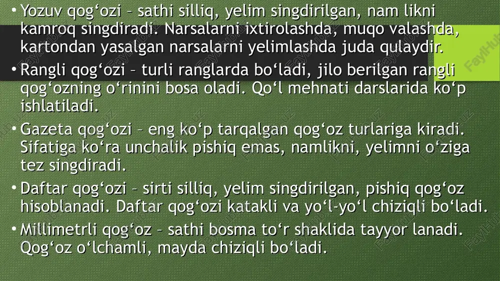 q ligi, saqlanishi, yelimlashni o‘rganishlari kerak. qog‘oz va kartonga ishlov berish usullari unchalik murakkab emas, bolalar ularni osonlik bilan o‘zlashtirib oladilar. qog‘oz va kartonga ishlov berish yuzasidan egallangan malakalar keyinchalik barcha mehnat turlari bo‘yicha mehnat ta’limida keng qo‘llaniladi. qog‘ozni buklash usullari. qog‘ozni teng ikkiga buklash uchun qog‘oz stol yoki parta ustiga qo‘yiladi va o‘ng hamda chap qo‘l bilan qog‘ozni o‘ziga yaqin turgan tomonining ikki uchidan ushlab, uni pastki uchlari bilan tenglashtiriladi. bunda qog‘ozning uchlarining qir- rasi bir-biriga to‘g‘ri tushishi kerak. ana shundagina qog‘oz qo‘l bilan tekislanib, uning bukilgan chizig‘i ustidan tirnoq bosib yurgiziladi. qog‘ozni bukilgan joyidan yirtish. qog‘ozni yirtishdan oldin, avval ehtiyotlik bilan ochiladi, uning bir tomoni o‘ng qo‘l bilan bosilib, chap qo‘l bilan bukilgan chiziqdan sekin yirtiladi. bukilgan chiziq ustiga chizgichni qo‘yib ham qog‘ozni yirtish mumkin. qog‘ozni bukilgan joyini pichoqda qirqish. qog‘ozni buklab, tirnoq bilan bosib iz tushiriladi. shundan so‘ng uning buklangan chizig‘ini o‘ng tomonga qilib stol ustiga qo‘yiladi, …