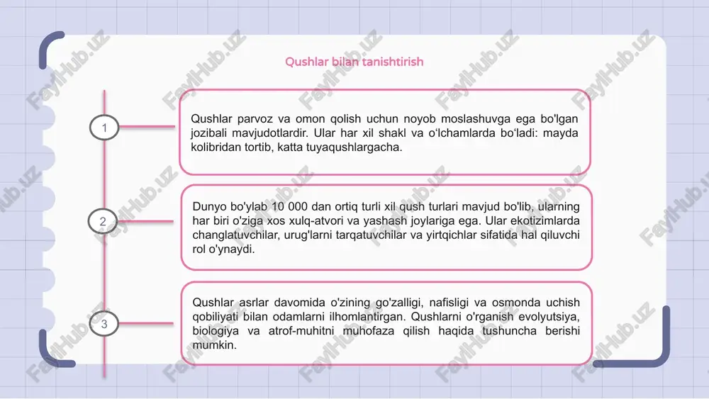 qali biz tukli do'stlarimiz uchun yaxshiroq kelajak yaratishimiz mumkin. 1 2 3 qushlar haqida qiziqarli faktlar qushlar noyob qobiliyat va xususiyatlarga ega ajoyib mavjudotlardir. ular turli xil ranglar, o'lchamlar va shakllarda bo'lib, ularni turli xil hayvonlar guruhiga aylantiradi. qushlar haqida qiziqarli faktlardan biri bu ularning uchish qobiliyatidir. ularning ichi bo'sh suyaklari va kuchli qanotlari bor, bu ularga osmonda osongina uchib ketishga imkon beradi. qushlar ham ta'sirchan muloqot qobiliyatlariga ega. ular bir-birlari bilan muloqot qilish, hududlarni o'rnatish va turmush o'rtoqlarni jalb qilish uchun turli qo'ng'iroqlar, qo'shiqlar va raqslardan foydalanadilar. qushlarni kuzatish bo'yicha maslahatlar qushlarni tomosha qilishda sabrli va ehtiyotkor bo'lish muhimdir. har xil qush turlarini aniqlash uchun harakat va qo'ng'iroqlarni qidiring va tinglang. qushlarni aniqlashga yordam beradigan durbin va dala qoʻllanmasi kabi zarur jihozlarni olib keling. yer ohanglarida kiyinib, ularni qo'rqitmaslik uchun jimgina harakatlaning. qushlarni kuzatish guruhiga qo'shilish yoki ekskursiyaga borish tajribangizni yaxshilashi mumkin. ko'rganlarni baham ko'ring va boy qushlar sarguzashtlari …