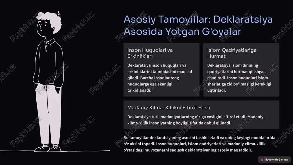 si tadbirlar va vazifalar deklaratsiyaning samaradorligini oshirishga qaratilishi kerak. 7 xulosa: asosiy xulosalar va o'rganishlar asosiy yutuqlar deklaratsiya inson huquqlari bo'yicha muhim hujjatdir. o'rganilgan saboqlar deklaratsiyadan o'rganilgan saboqlar kelajak uchun muhim. savol-javob qohira deklaratsiyasi bo'yicha savol-javob sessiyasi. deklaratsiyaning asosiy yutuqlari va o'rganilgan saboqlari kelajakda inson huquqlarini yanada yaxshiroq himoya qilishga yordam beradi. qohira deklaratsiyasi bo'yicha savol-javob sessiyasi ushbu muhim mavzuni yanada chuqurroq tushunishga imkon beradi. 8 image-1002-1.png image-1002-2.png image-1-1.png image-1003-1.png image-1003-2.png image-1004-1.png image-1004-2.png image-3-1.png image-1005-1.png image-1005-2.png image-4-1.png image-4-2.png image-4-3.png image-4-4.png image-4-5.png image-1006-1.png image-1006-2.png image-5-1.png image-5-2.png image-5-3.png image-1007-1.png image-1007-2.png image-6-1.png image-1008-1.png image-1008-2.png image-7-1.png image-7-2.png image-7-3.png image-7-4.png image-1009-1.png image-1009-2.png image-8-1.png