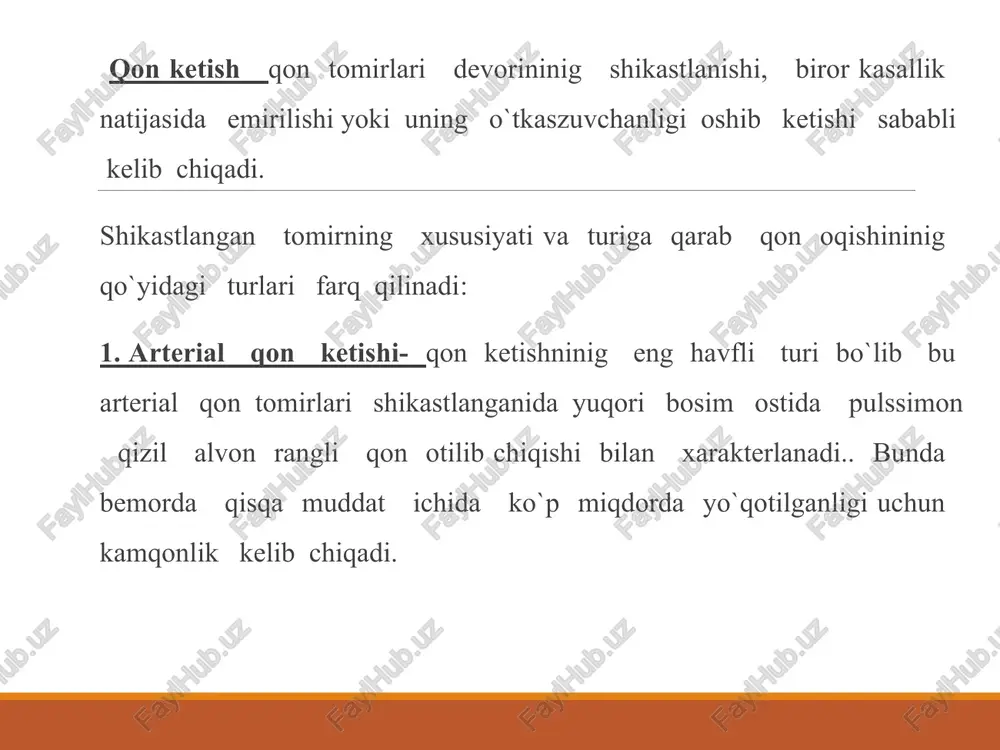 rial qon bosimi pasayadi. qon ketishida tibbiy yordam. 1.qon oqishini quyidagi usullar yordamida to`xtatiladi: - tananing qon oqayotgan sohasini yuqoriga ko`tarish; - shikastlangan tomirning yuqorisidan barmoq bilan bosib turish; - bo`g`imlarni bukib turish (tirsak, tizza); - jgut bog`lash (oyoq-qo`lni qon ketayotgan sohasining yuqori qismiga); - qon ketayotgan sohaga sovuq suvda namlangan sochiq, ro`mol yoki muzli xaltacha qo`yish. 2. jarohatni zararsizlantirish. ochiq shikastlanishda qon oqishi to`xtagach, jarohat quyidagicha zararsizlantiriladi: avval toza sovuq suv bilan jarohat qo`l tekkizmasdan yuvilib, so`ngra antiseptik moddalar bilan yuviladi, atrofiga yod, spirt surtiladi, toza bog`lam bog`lanadi, lozim bo`lsa, taxtakach qo`yiladi. 3. bemor yotqiziladi, issiq choy, kofe, issiq ovqatlar ichiriladi. 4. yuqoridagi shoshilinch tibbiy yordam ko`rsatilgach, bemorni shifohonaga yuborish uchun tez yordam kelgunicha, quyidagi tibbiy yordam muolajalari o`tkazilishi mumkin: - qon oqishini to`xtatuvchi dorilar (vikasol, ditsinon, kalsiy glyukonat yoki kalsiy xlor va hokazo). - yurak va nafas olish faoliyatini yaxshilovchi dorilar (kofein, kordiamin, kamfora, adrenalin, eufillin) teri ostiga, …