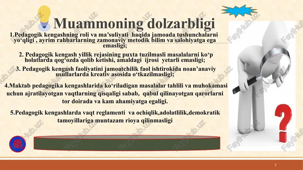 ktab pedagogika kengashida qabul qilingan qarorlar ijrosini (hamkor tashkilotlar: sog‘liqni saqlash, ijtimoiy himoya markazlari va boshqalar misolida) ta’minlash. - ilg‘or pedagogik texnalogiyalardan samarali foydalanib kelayotgan o‘qituvchilar ish tajribasini o‘rganish, ommalashtirish, ularni davlat mukofatlariga tavsiya etish, yosh o‘qituvchilarga metodik yordam ko‘rsatish ishlarini tashkil etish; 7 14.12.2024 8 xorijiy tajribalarini o‘rganish germaniyada: pedagogik kengash ta’lim jarayonini rivojlantirish va takomillashtirishga yordam beradigan muhim maktab boshqaruv organi hisoblanadi. uning tarkibiga davlat maktablari direktorlari va ta’lim vazirligi vakillari kiradi. yig‘ilishlar yiliga kamida ikki marta, odatda o‘quv yilining boshida va oxirida o‘tkaziladi. navbatdan tashqari majlislar raisning tashabbusi bilan yoki kengash a’zolarining ko‘pchiligi talabiga binoan chaqirilishi mumkin. yig‘ilishlarga ta’lim vaziri yoki uning o‘rinbosari raislik qiladi. kengashda o‘quv rejalari va dasturlari, o‘qitish va baholash usullari, maktab rivojlanishi, kadrlar masalalari moliyalashtirish ko‘riladi. uchrashuvlar ochiq rejimda o‘tkaziladi. yig‘ilish bayonnomalari xalq ta’limi vazirligi saytida e’lon qilingan. yaponiyada: pedagogik kengashlar (gakko hyoginikai) maktablarda ta’lim boshqaruv jarayonlarini samarali tashkil etish ,jamoatchilik bilan hamkorlikni …
