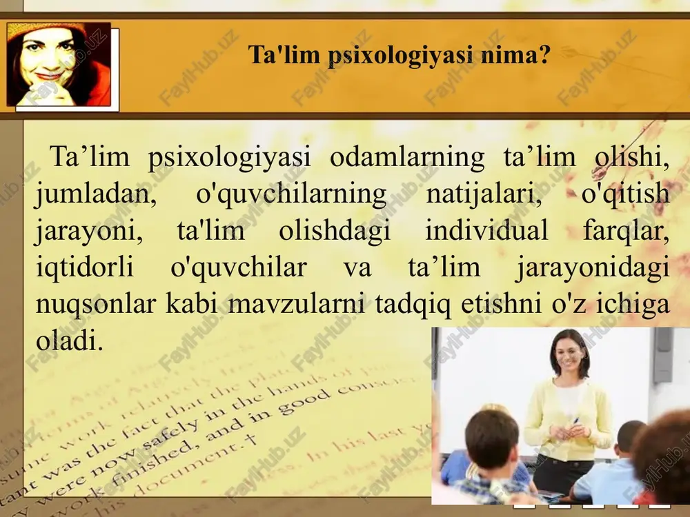 di va rivojlanadi, uning asosida yangi faoliyatlar yuzaga keladi. o‘quv faoliyati insonning butun hayoti davomida namoyon bo‘luvchi uzliksiz jarayondir. rus psixologi a.n.leontev inson faoliyatining psixik va amaliy shakllari mavjudligini, bola ongi aynan o‘quv faoliyatida o‘sishini ta’kidlaydi o‘quv faoliyatining 5 elementi mavjud: ta’limning maqsadi - nima uchun o‘qitish kerak? ta’limning mazmuni - nimaga o‘qitish kerak? ta’limniig metodlari,usullari va pedagogik muloqot yo’llari. ta’lim beruvchi. o‘quvchi ta’lim jarayonining muvaffaqiyati: 1. motivatsiya 2. ma’lumot usullari 3. ma’lumotning tushunarliligi; 4. xotira 5. ma’lumotni qo‘llash p.ya.gal’perin nazariyasi buyicha bilimlarni o’zlashtirish jarayoni olti bosqichni boshidan kechirib, ularga 1.motivatsiya. 2. tushuntirish. 3. moddiy formadagi xatti-xarakatlarni bajarish. 4. baland ovozda xatti-xarakatlar va vazifalarni bajarish. 5. bajariladigan xatti-xarakatlarni ichki rejada ovoz chiqarmay bajarish. 6. faoliyatni fikran bajarish kiradi. ushbu nazariyada ta’limning uchta asosiy turlari ajratiladi: - birinchi turda - xatti-xarakatlarni o’zlashtirish xatolar bilan kechadi, berilayotgan material yetarli darajada anglanilmaydi, ta’lim oluvchi ta’limning asl mohyatini tushunib yetmaydi; ikkinchi turda - materialni …
