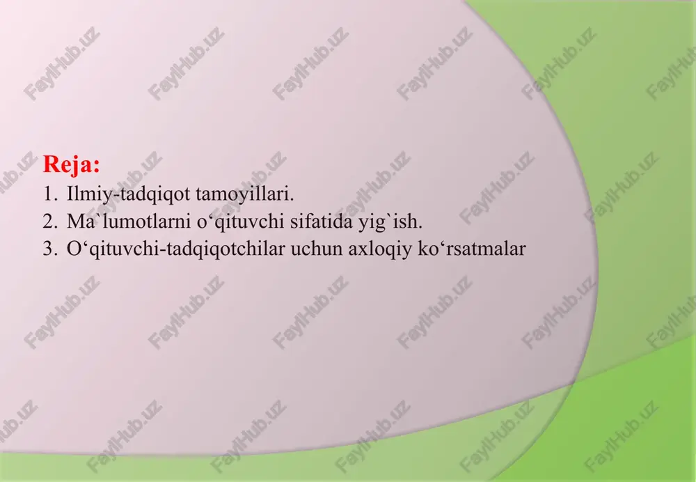 ita baholashdir! bolalarning jismoniy rivojlanishini bilish uchun tadqiqotchilar tez-tez fiziologik o‘lchovlarga murojaat qilishadi. yurak tezligi, gormonlar darajasi, suyak o'sishi, miya faoliyati, ko'z harakati, tana vazni va o'pkaning sig‘imi kabilar bolalar fiziologiyasidagi asosiy e`tiborli jihatlardir. fiziologik tadbirlar bolalarning sog'lig'i, hissiy holatlari va jismoniy o'sishi haqida qimmatli ma'lumotlarni beradi eksperimental usul tadqiqotchiga shaxs psixikasiga qiziqish belgilarini topishda yordam beradigan eng faol usul bu psixologik eksperiment. tajriba davomida tadqiqotchi ataylab shaxsning harakatlari sodir bo'ladigan vaziyatni yaratadi va o'zgartiradi, ularga aniq vazifa qo'yadi. ushbu muammoning qanday hal qilinishiga qarab, sub'ektning psixologik xususiyatlari o’rganib chiqiladi. laboratoriya eksperimenti maxsus holatlarda amalga oshiriladi, maxsus jihozlardan foydalaniladi, sub'ektning harakatlari ko'rsatmalar bilan belgilanadi, sub'ekt tajriba o'tkazishini biladi, lekin uning to'liq ma'nosini anglamasligi mumkin. tabiiy eksperiment ish, o'qish, aloqa, normal sharoitda amalga oshiriladi va odam o'zini sinovdan o'tkazayotganini sezmaydi. 2-reja ma`lumotlarni o‘qituvchi sifatida yig`ish tadqiqotchilar bolalar va o'smirlar to'g'risidagi ma'lumotlarni axloqiy, asosli va ishonchli tarzda to'plashadi. bunda o'qituvchilar ham garchi …