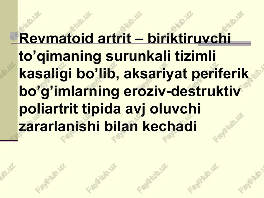 rning ko'payishi pannus shakllanishiga olib keladi - o'smaga o'xshab o'sish xususiyatiga ega bo'lgan, tog’ayga, suyakning artikulyar yuzasiga kirib, eroziya hosil qiluvchi va pay-boylam apparatiga kirishga qodir agressiv to'qima. pannus nisbatan kechroq shakllanadi – kasallik boshlanganidan bir necha oy o'tgach. igg ning revmatoid omillar bilan o'zaro ta'siri natijasida qonda immun komplekslarning paydo bo'lishi komplementning faollashishiga va mikrosirkulyator tizimning shikastlanishiga olib keladi, bu revmatoid artritning visseral ko'rinishini tushuntiradi. patogenezi genetik moyillik etiologik omillar genetik moyillik immun javob boshqarilishining buzilishi t- limfotsitlar defitsiti va antitanalar sintezi nazoratining yetishmasligi b - limfotsitlarning agregatsiyalangan igg sintezi patogenezi (davomi) genetik moyillik agregatsiyalangan ig-larga antitanalar hosil bo’lishi (ro-ig m) ig, ro o’zaro ta'siri va immun komplekslar hosil bo’lishi qon ivishining faollashuvi limfokinlar hosil bo’lishi komponent faollashuvi hujayralar zararlanishi xemotaksis yallig’lanish mediatorlari ajralishi yallig’lanish, sinovit, bo’g’imdan tashqari simptomlar rivojlanishi choy, e. h.s. et al. n engl j med 2001;344:907-916 pathogenesis of rheumatoid arthritis inflammed synovial tissue (synovitis) villous …