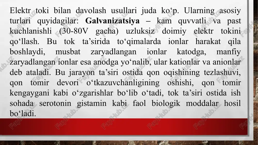 an ko’ra ancha avzaldir. bunda o’zgarmas tokva dori moddasi birgalashib ta’sir ko’rsatadi va dori moddasining umumiy toksik ta’siri yuzaga chiqmaydi. elektrofarez uchun ishlatiladigan dori moddalar eritmasining konsentratsiyasi har xil:1-2dan 5-10 % gacha , kuchli ta’sir qiluvchi moddalar (atropine, adrenolin) eritmalarining konsentratsiyasi esa 0,1 % bo’ladi.antibiotiklar esa 500-1000 tb dan ishlatiladi. elektr uyqu – bemorni uxlatish maqsadida to‘g‘ridan to‘g‘ri markaziy asab sistemasiga ta’sir etib umumiy tormozlanishni keltirib chiqarish uchun past chastotali impulsli toklarni qo‘llash usuli. bu usul ta’sirida bosh miyani qon bilan ta’minlanishini yaxshilaydi, tinchlantiradi, po‘stloq osti tuzilmalarga va vegatativ nerv sistemasi faoliyatiga yaxshi ta’sir ko‘rsatadi. buning uchun to’g’ri burchak shaklidagi , chastotasi 1-150 hz, davomiyligi 0,4-2 sm va amplitudasi 4-8 ma bo’lgan tokdan foydalaniladi.impulsli tokning bosh miya po’stlog’i va po’stloqosti tuzilmalariga ta’sir mexanizmi to’g’ridan va reflector ta’sir etishdan iborat. elektrouyquning dori bilan uxlatishga nisbatan birmuncha afzallik tomonlari bor: qon aylanishi yaxshilanadi, nafasning minutlik hajmi kuchayadi, oksidlanish—qaytarilish jarayoni stimullashadi, qonning kislorod …