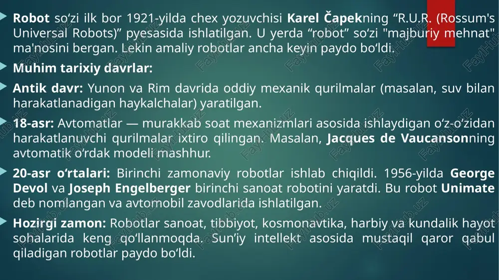 mlari va ai asosidagi yechimlar. xususiyatlari: yuqori aniqlik, chidamlilik, aqlli dasturlash imkoniyatlari va xavfsizlik tizimlari. 2. kuka: mamlakat: germaniya ixtisos: kuka sanoat avtomatlashtirish va robototexnika sohasida dunyoga mashhur. ularning robotlari asosan avtomobil ishlab chiqarishda keng qo‘llaniladi. mashhur mahsulotlari: kr seriyali robotlar (masalan, kr quantec), mobil robotlar va ilg‘or avtomatlashtirilgan tizimlar. xususiyatlari: moslashuvchanlik, kuchli yuk ko‘tarish qobiliyati, yuqori tezlik va aniq harakatlar. 3. fanuc: mamlakat: yaponiya ixtisos: fanuc dunyodagi eng yirik sanoat robotlari ishlab chiqaruvchilardan biri. ular robotlar, cnc tizimlar va avtomatlashtirilgan ishlab chiqarish liniyalarini yaratishda yetakchi. mashhur mahsulotlari: m-20ia, r-2000ic kabi robotlar. xususiyatlari: ishonchlilik, uzoq xizmat muddati, yuqori samaradorlik va integratsiya qulayligi. uchala kompaniya ham robototexnika sanoatida o‘z sohasining giganti bo‘lib, har biri o‘zining kuchli texnologiyasi va innovatsion yondashuvi bilan mashhur. robototexnika darslarini tashkil etishning asosiy maqsadi o‘quvchilarda algoritmik fikrlash va muammolarni tahlil qilish ko‘nikmalarini rivojlantirish. zamonaviy texnologiyalarni amaliyotda qo‘llash malakasini shakllantirish. jamoada ishlash, muloqot va hamkorlik madaniyatini rivojlantirish. texnik …