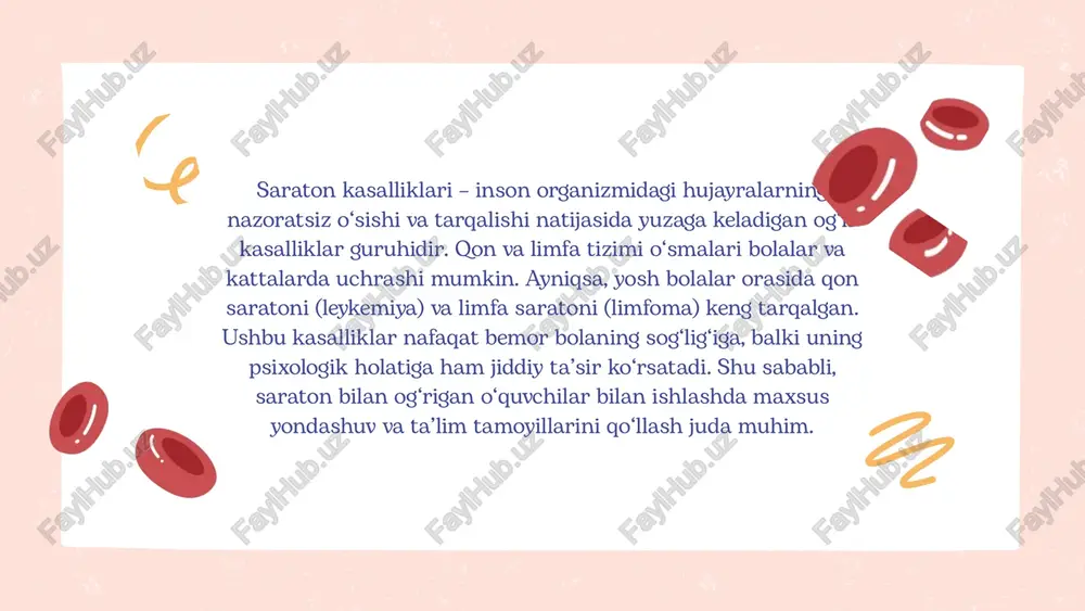 o‘zgarishlar bor. miyeloma kasalligini davolash uchun kimyoterapiya, nurlanish terapiyasi, immunoterapiya va suyak iligi transplantatsiyasi kabi usullar qo‘llaniladi. miyeloma (suyak iligi saratoni) saraton bilan og‘rigan o‘quvchilar bilan ishlash tamoyillari saraton bilan og‘rigan bolalar maxsus yondashuv va qo‘llab-quvvatlashga muhtoj bo‘ladilar. ularning ta’lim jarayonini samarali tashkil etish uchun quyidagi tamoyillarga rioya qilish kerak. individual yondashuv – har bir bolaning sog‘lig‘i va ehtiyojlarini hisobga olgan holda, unga mos ta’lim usullarini ishlab chiqish. psixologik qo‘llab-quvvatlash – bolalarga ruhiy dalda berish, stressni kamaytirish va ularning o‘ziga bo‘lgan ishonchini oshirish muhimdir. eʼtiboringiz uchun rahmat image9.png image10.svg image1.png image2.svg image3.png image4.svg image5.png image6.svg image7.png image8.svg image11.png image12.svg image13.png image14.svg image15.png image16.svg image17.png image18.svg image19.png image20.svg image21.png image22.svg image23.png image24.svg image25.png image26.svg image31.png image32.svg image27.png image28.svg image29.png image30.svg /docprops/thumbnail.jpeg