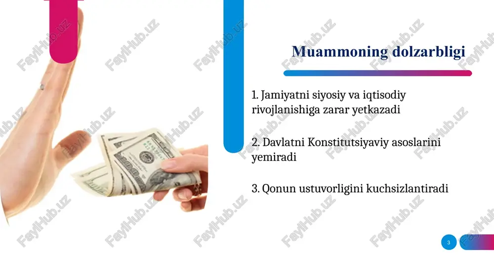 buyum) emas, balki o‘zganing vaqti, o‘zganing mehnati, o‘zganing navbati, o‘zganing kayfiyati va h.k.lar ham tushuniladi. shu sababli ham yaponlar korrupsiya, pora degan narsalarni hazm qila olishmaydi. xorijiy tajribalarni oʻrganilganligi 7 8 qiyosiy tahlil etilganligi, o’zimizda har bir ta’lim muassasasida “korrupsiyaga qarshi kurash bo‘yicha chora-tadbirlar dasturi” tuzilib ushbu illatga qarshi kurashish, korrupsiyaviy huquqbuzarliklar, ularni sodir etishga imkon yaratuvchi sabablar va sharoitlarni aniqlash, korrupsiyaga nisbatan murosasiz munosabatni shakllantirish, xodimlar o‘z xizmat vazifalarini bajarishda har qanday moddiy qiymatga ega “hadya” larni berilishiga yoki ularning xizmat vazifalarini bajarishi munosabati bilan boshqa imtiyozlar taklif qilinishga qarshi keskin kurashishishlari olib borilmoqda. 8 9 qiyosiy tahlil etilganligi, xorijda finlyandiya global shaffoflik va korruptsiyaga qarshi reytingda yuqori o'rinlarda turadi. ta’lim sifati yuqoriligi bilan mashhur bo‘lgan mamlakat maktab tizimi asosan korrupsiyadan xoli. finlyandiyada maktablarni moliyalashtirishning shaffof tizimi mavjud bo'lib, bu korrupsiya xavfini kamaytiradi finlyandiyada o'qituvchilar yuqori ijtimoiy mavqega ega va yaxshi maosh oladi. finlyandiyada hamkasblar, fuqarolar va ommaviy axborot …