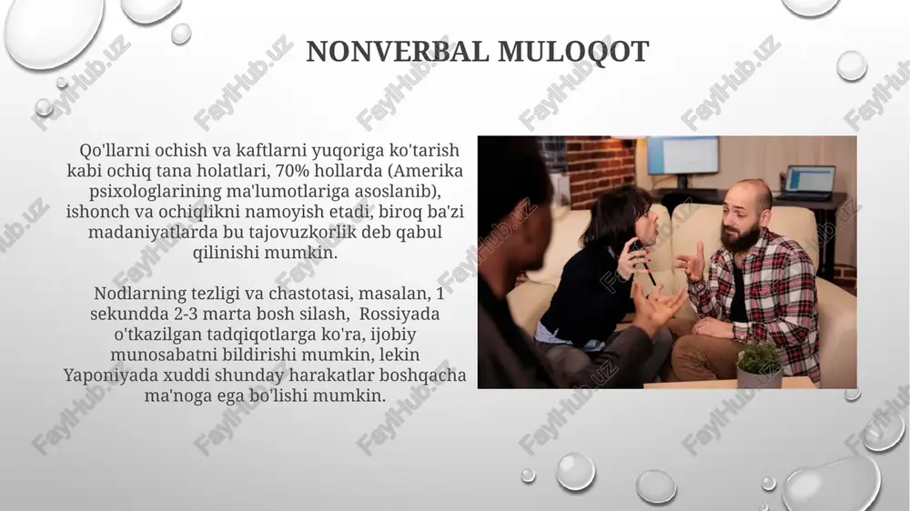 jon viloyatida o'tkazilgan sotsiolingvistik tadqiqotlar natijalarida tasdiqlanadi. muvaffaqiyatli muloqot uchun 5 ta asosiy element mavjud: tinglash, tushunish, javob berish, tan olish va fikr almashish. bu elementlar toshkentdagi mutaxassislar tomonidan aniqlangan. ijtimoiy psixologiyaning ta'siri ijtimoiy psixologiya tadqiqotlari shuni ko'rsatdiki, 50 dan ortiq odamning to'plamda 20% ga yaqini axborot tarqalishini boshqaradi, masalan, toshkentdagi mitinglarda kuzatilganidek. o'zbekistondagi so'rovlarda ko'rsatilganidek, 30% dan ortiq yoshlar o'z tengdoshlari fikriga ko'ra, onlayn muloqotda o'zlarini ifoda etish uslublarini o'zgartiradilar, bu esa ijtimoiy ta'sirning onlayn platformalardagi rolini ko'rsatadi. konfliktlarni hal qilish andijon viloyatida 2022-yilda o'tkazilgan tadqiqotlar shuni ko'rsatdiki, effektiv muloqot ko'nikmalariga ega bo'lgan shaxslar konfliktlarni 70% tezroq hal qila oladilar. konfliktni hal qilishning 5 bosqichli modeli (aniqlash, muhokama, takliflar, kelishuv, baholash) samarqanddagi mediatorlar tomonidan muvaffaqiyatli qo'llanilmoqda va 85% holatlarda ijobiy natijalarga erishilmoqda. e'tiboringiz uchun rahmat @taqdimot_robot image3.png image4.jpg image5.jpg image6.jpg image7.jpg image8.jpg image9.jpg image10.jpg image11.jpg image12.jpg image13.jpg image14.jpg image15.jpg image1.png
