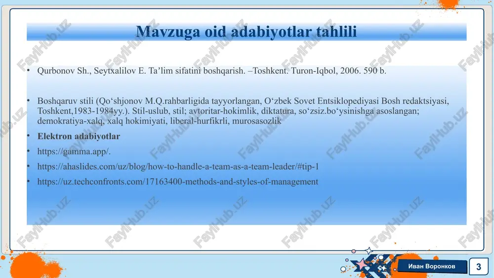o‘qituvchilarni qoniqtiradi va ularning ishiga bo‘lgan ishonchini oshiradi. ivan voronkov 8 qiyosiy tahlil etilganligi 11 t / r amaldagi xolat (o‘zbekistonda) amaldagi xolat (xorijda) takliflar 1 o‘zbekistonda o‘qituvchilarning doimiy ta’lim olishlarini qo‘llab-quvvatlaniladi lekin malaka oshirish kurslari bir yilda bir xafta bo‘ladi fillandiyada direktorlar o‘qituvchilarning doimiy ta’lim olishlarini qo‘llab-quvvatlaydi va bu ularning professional qoniqishini ta’minlaydi. maktab direktorlari o‘qituvchilarning doimiy ta’lim olishlarini qo‘llab – quvvatlash va ularni malaka oshirishlariga keng imkoniyatlar yaratish choralarini takomillashtirish kerak. 2 o‘zbekistonda mukofotlar va tan olish model keng qo‘llaniladi, o‘qituvchilar yutuqlari uchun mukofot va tan olishlar orqali motivatsiyalanadi aqsh va avstraliyada mukofotlar va tan olish model keng qo‘llaniladi, o‘qituvchilar yutuqlari uchun mukofot va tan olishlar orqali motivatsiyalanadi maktablar sharoitidan kelib chiqqan xolda o‘qituvchi va xodimlarni moddiy rag‘batlantirish choralarini ko‘rib chiqish. 3 o‘qituvchilar qulay va zamonaviy ish sharoitlari bilan talab darajasida xududiy bo‘lim muassasalarida ta’minlanmagan. o‘qituvchilar uchun qulay va zamonaviy ish sharoitlarini ta'minlash. yaponiya va germaniyada maktab infratuzilmasi …