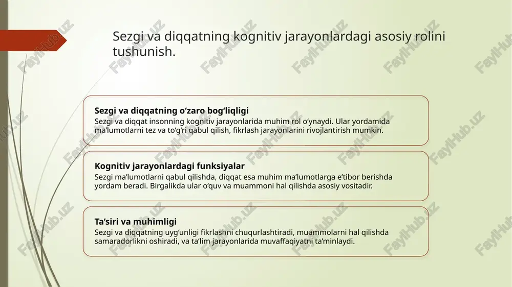 va ma’qul maqsadlar belgilash, shuningdek, ularning motivatsiyasini oshirish sezgi va diqqatni kuchaytiradi. bu yondashuvlar o‘quv jarayoniga faollik bilan qatnashishni rag‘batlantiradi. kognitiv va madaniy faktorlarning sezgi va diqqat rivojlanishiga ta'siri kognitiv faktorlar kognitiv jarayonlar, sezgi va diqqat rivojlanishida muhim rol o'ynaydi. ular fikrlash, eslab qolish va muammoni hal qilishda ta'sir ko'rsatadi, shuningdek, yangi bilimlarni qabul qilishni oshiradi. madaniy ta'sirlar madaniyat, sezgi va diqqatning shakllanishida muhim omil hisoblanadi. madaniy qadriyatlar va tajribalar, odamlarning diqqatini qanday yo'naltirish va sezgi jarayonlarini qanday rivojlantirishni belgilaydi. kognitiv-madaniy o'zaro ta'sir kognitiv va madaniy faktorlar bir-birini to'ldiradi va sezgi hamda diqqat rivojlanishini kuchaytiradi. bu o'zaro ta'sir, shaxsning muhit va bilimlar bilan munosabatini yaxshilaydi. psixologiyada sezgi va diqqatning o‘zaro ta'siri va ular orqali faoliyatni rivojlantirish. 1 sezgi va diqqat o‘rtasidagi bog‘liqlik - psixologiyada sezgi va diqqat bir-biri bilan chambarchas bog‘liq bo‘lib, ularning o‘zaro ta’siri shaxsning muhim faoliyatlarini rivojlantirishga yordam beradi. 2 diqqatning faol roli - diqqat muhim ma’lumotlarni tanlash …