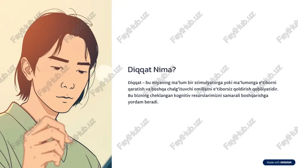 dalari va tana tiliga e'tibor berish. 9 xulosa: sezgi va diqqatning kognitiv asoslari sezgi va diqqat insonning kognitiv qobiliyatlarining asosini tashkil etadi. ular bizga dunyoni idrok etish, ma'lumotlarni qayta ishlash va samarali harakat qilish imkonini beradi. bu ikki jarayonni tushunish, inson xulq-atvori va o'rganish jarayonlarini chuqurroq anglashga yordam beradi. 10 image-1002-1.png image-1-1.png image-1003-1.png image-2-1.png image-2-2.png image-2-3.png image-2-4.png image-2-5.png image-1004-1.png image-3-1.png image-1005-1.png image-4-1.png image-4-2.png image-4-3.png image-4-4.png image-1006-1.png image-5-1.png image-5-2.png image-5-3.png image-5-4.png image-5-5.png image-1007-1.png image-6-1.png image-1008-1.png image-7-1.png image-7-2.png image-7-3.png image-1009-1.png image-8-1.png image-8-2.png image-8-3.png image-8-4.png image-8-5.png image-1010-1.png image-9-1.png image-9-2.png image-9-3.png image-9-4.png image-9-5.png image-1011-1.png image-10-1.png