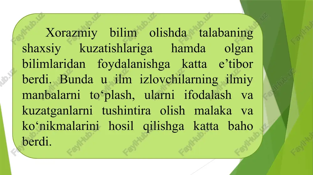 (buyuk musiqa kitobi)ni yozgan. biroq uning eng mashhur asari “madina al-fadila” (fozil odamlar shahri)ni gayriplaton yo’nalishi vakillari tomonidan platon davlatchiligi bilan taqqoslaganlar. farobiyning ko’p tomli asarlari “baxt saodatga erishuv to‘g‘risida”, “ixso – al - ulum”, “ilmlarning kelib chiqishi”, “aql ma’nolari to‘g‘risida”asarlarini o’z ichiga olgan. forobiy ta’lim tarbiyaga bag‘ishlangan asarlarida ta’lim – tarbiyaning muhimligi, unda nimalarga e’tibor berish zarurligi, ta’lim – tarbiya usullari va uslubi haqida fikr yuritadi. “fozil odamlar shahri”, “baxt saodatga erishuv to‘g‘risida”, “ixso – al - ulum”, “ilmlarning kelib chiqishi”, “aql ma’nolari to‘g‘risida” kabi asrlarida ijtimoiy – tarbiyaviy qarashlari o‘z ifodasini topgan. forobiy o‘z ishlarida ta’lim – tarbiyani uzviy birlikda olib borish haqida ta’lim bergan bo‘lsa ham, ammo har birining insonni kamolga yetkazishda o‘z o‘rni va xususiyati bor ekanligini alohida ta’kidlaydi. forobiy “baxt – saodatga erishuv to‘g‘risida” asarida bilimlarni o‘rganish tartibi haqida fikr bayon etgan. uning ta’kidlashicha, avval bilish zarur bo‘lgan ilm o‘rganiladi, bu – olam asoslari haqidagi …