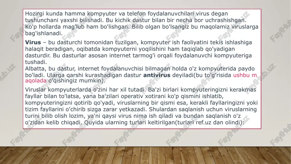 ar atributlarining o'zgarishi; • disklarga doimiy manzillarda ma'lumotlarni yozish; • diskning ishga yuklovchi sektorlariga ma'lumotlarni yozib yuborish. fayl viruslari kompyuterlarda keng tarqalgan viruslar. ular barcha viruslarning tahminan 80% ini tashkil etadi. bu toifa kompyuter viruslari juda chidamli bo'lib, o'z vaqtida ehtiyot chorasi ko'rilmasa, haqiqiy epidemiyaga aylanadi. masalan, rce-1813 yoki ierusalem (quddus), black friday (qora juma) va boshqa o'ta xavfli viruslardir. ko'pchilik tarqalgan fayl viruslari shtammlarga ega, ular baza versiyalaridan uncha farq qilmaydi. shuning uchun fayl viruslarini quyidagi guruhlarga bo'lish mumkin: - vena guruhi. uning birinchi s-648 deb nomlanuvchi vakili venada topilgan; - cascade guruhi. rc-1701 deb nomlanuvchi birinchi vakili 1988 yil o'rtalarida topilgan; - quddus guruhi. rce-1813 deb nomlanuvchi uning birinchi vakili 1987 yilning oxirida quddus universitetida topildi; - tr viruslar guruhi - mazkur viruslar, taxminlarga ko'ra, bolgariyada ishlab chiqilgan. o'z navbatida bu guruh uch kichik guruhga bo'linadi. vacsine, "musiqali qayta yuklash" va "o'z-o'zini yeb qo'yuvchilar". ohirgi ikkitasini vankey doodle …
